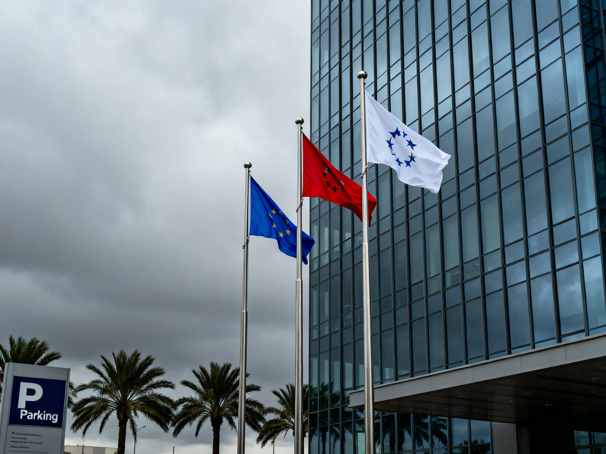 Three Flags by Modern Glass Building with Palm Trees Under Cloudy Weather