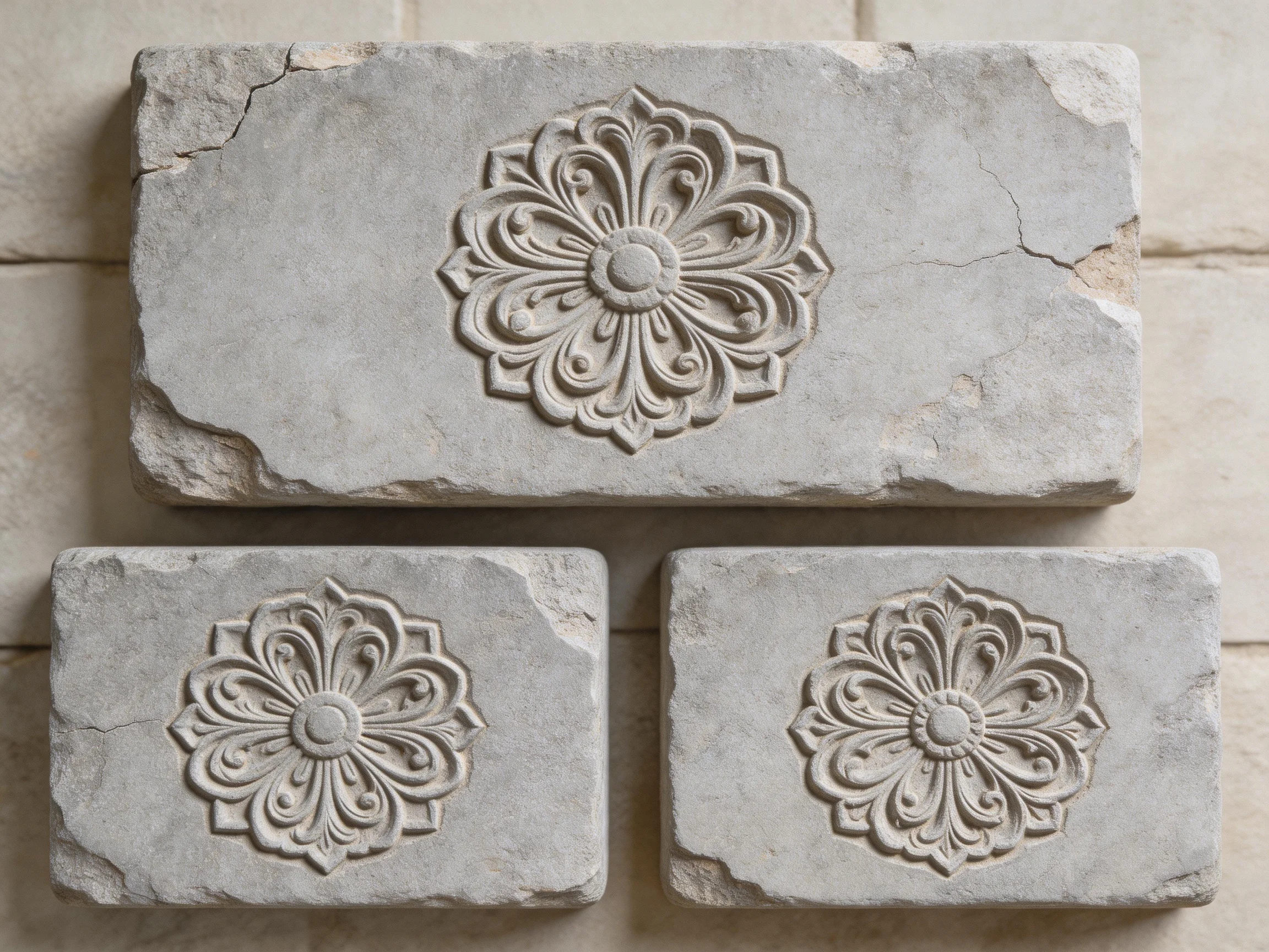 Three Gray Stone Blocks with Intricate Floral Carvings
