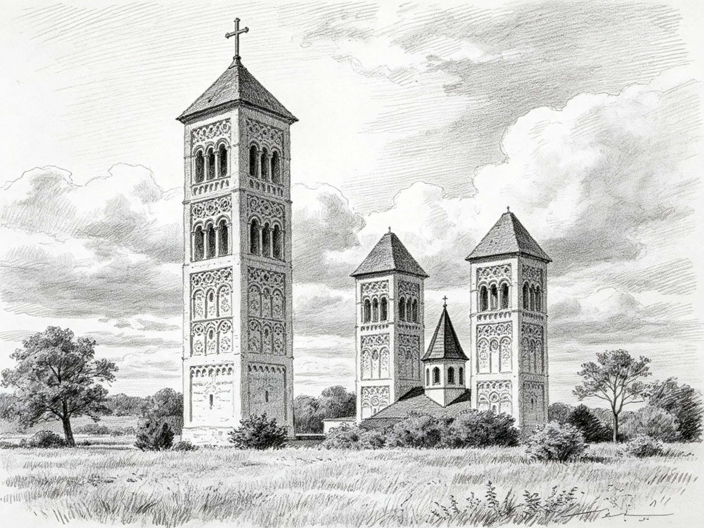 Three Ornate Medieval Towers in a Grassy Field