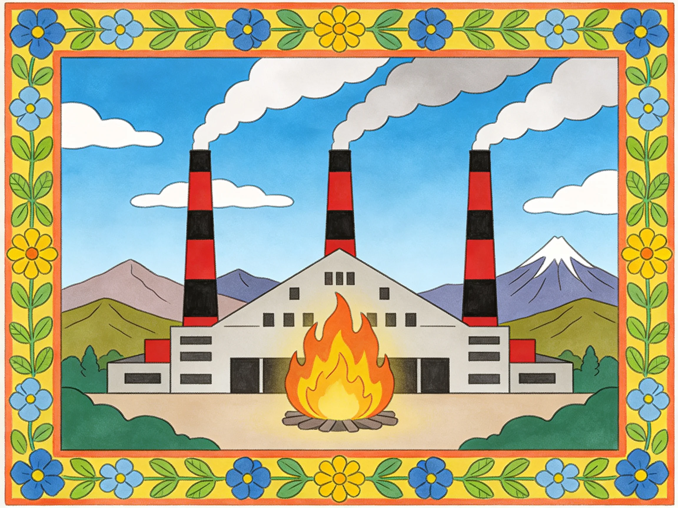 Three Red-Black Chimneys Factory with Central Fire and Decorative Floral Frame