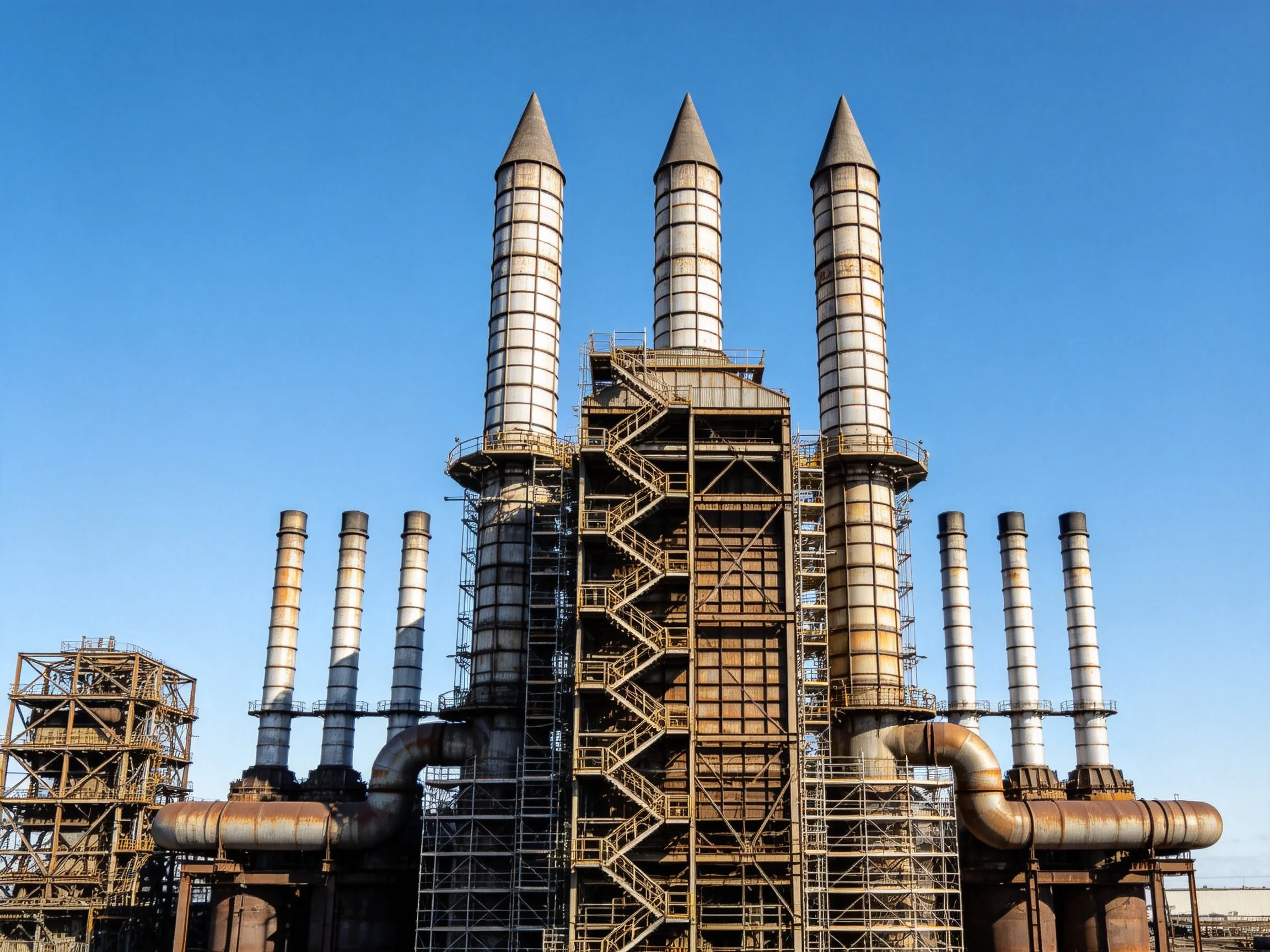 Three Tall Metallic Chimneys in Industrial Complex Under Blue Sky
