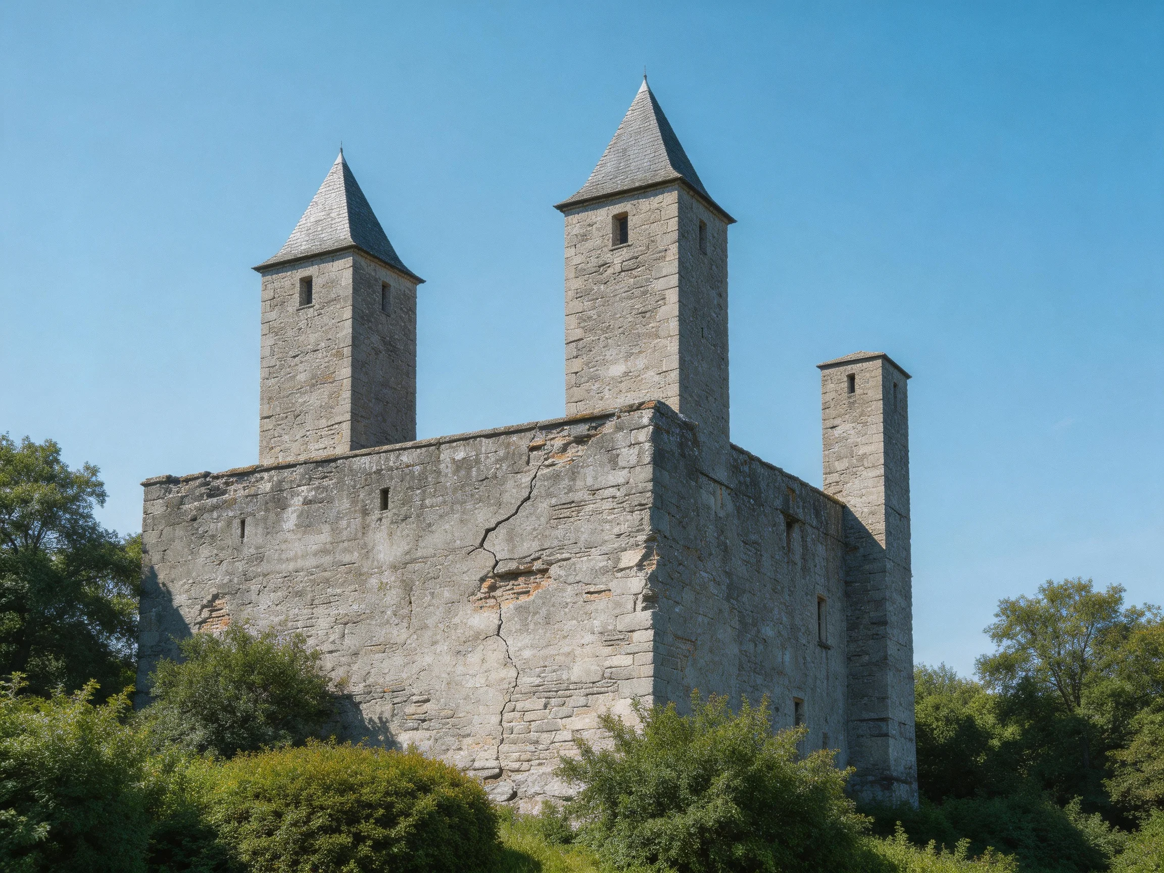 Three Towered Ancient Stone Castle Amid Greenery
