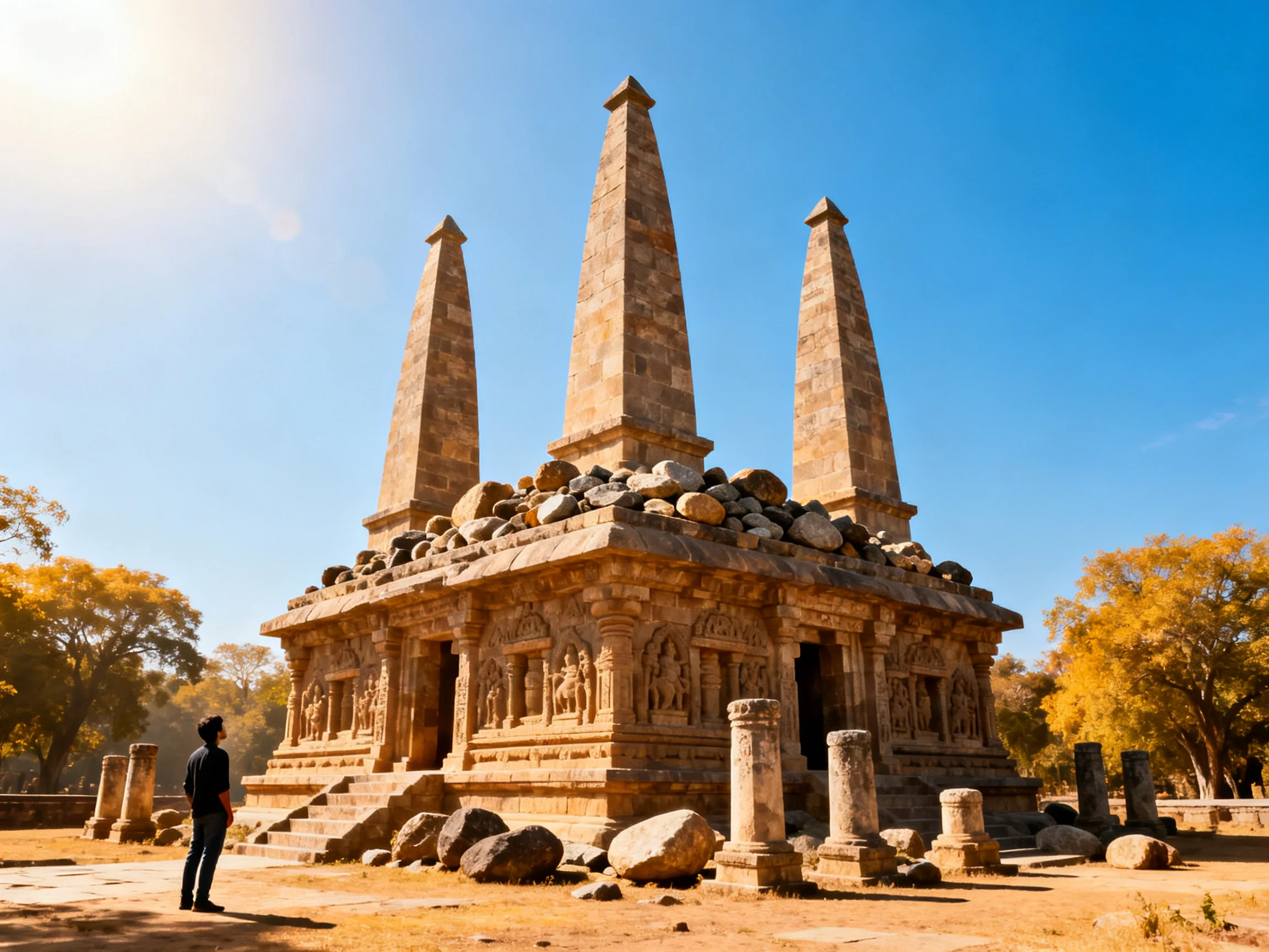 Three Towered Ancient Stone Temple with Carved Walls
