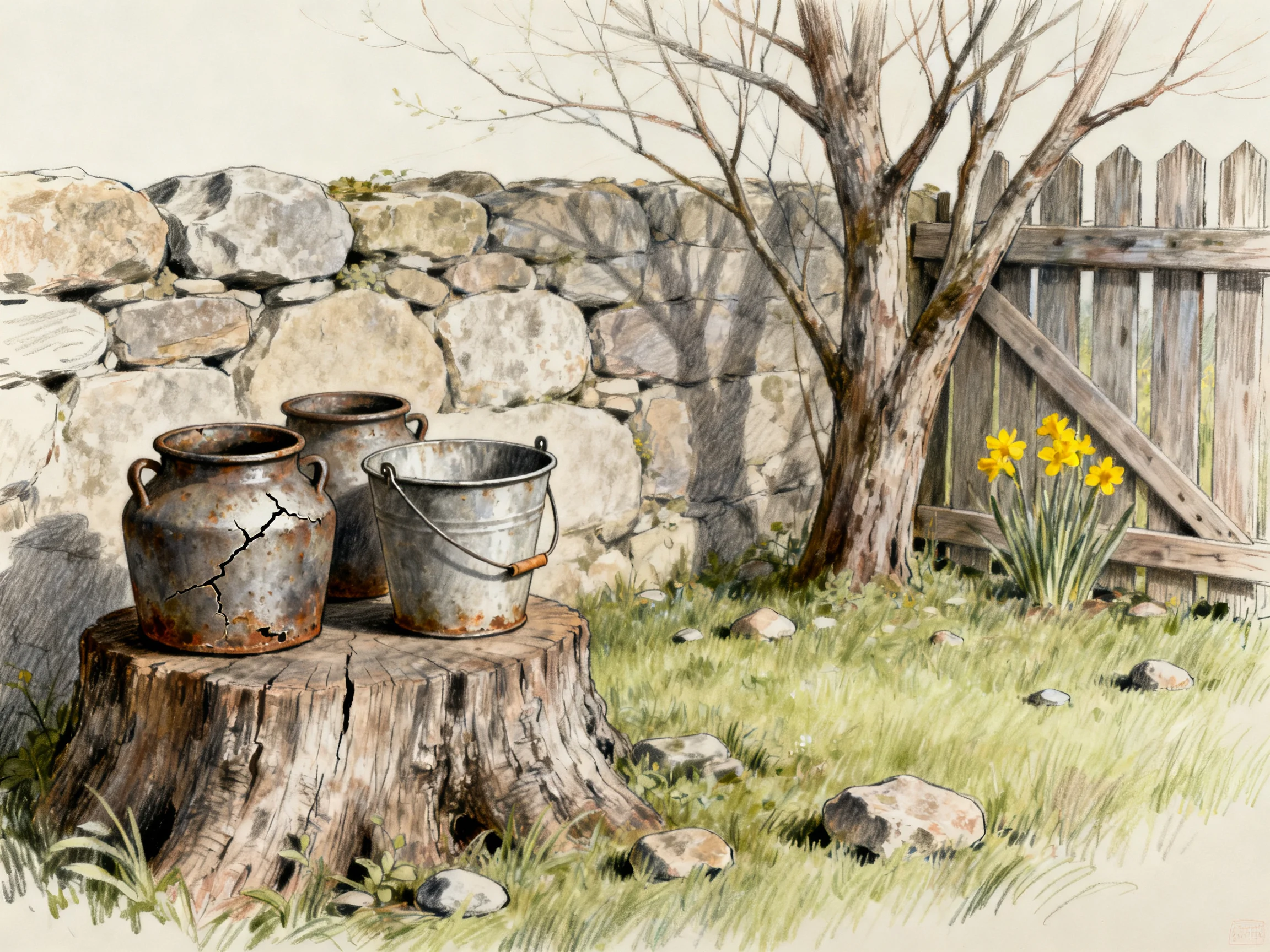 Three aged metal containers rest upon a weathered tree stump beside a stone wall
