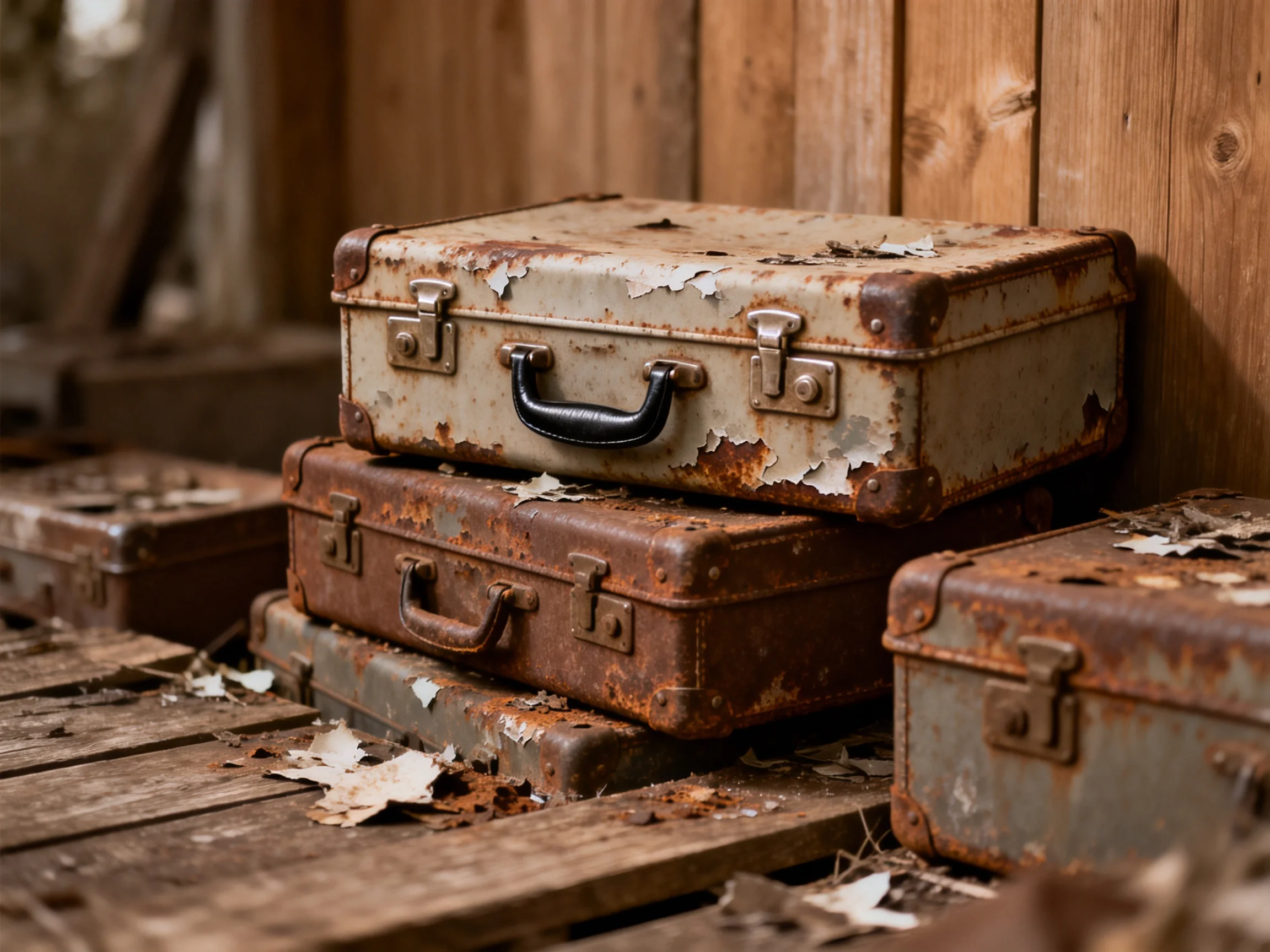 Three aged, rust-covered suitcases stacked near a wooden wall