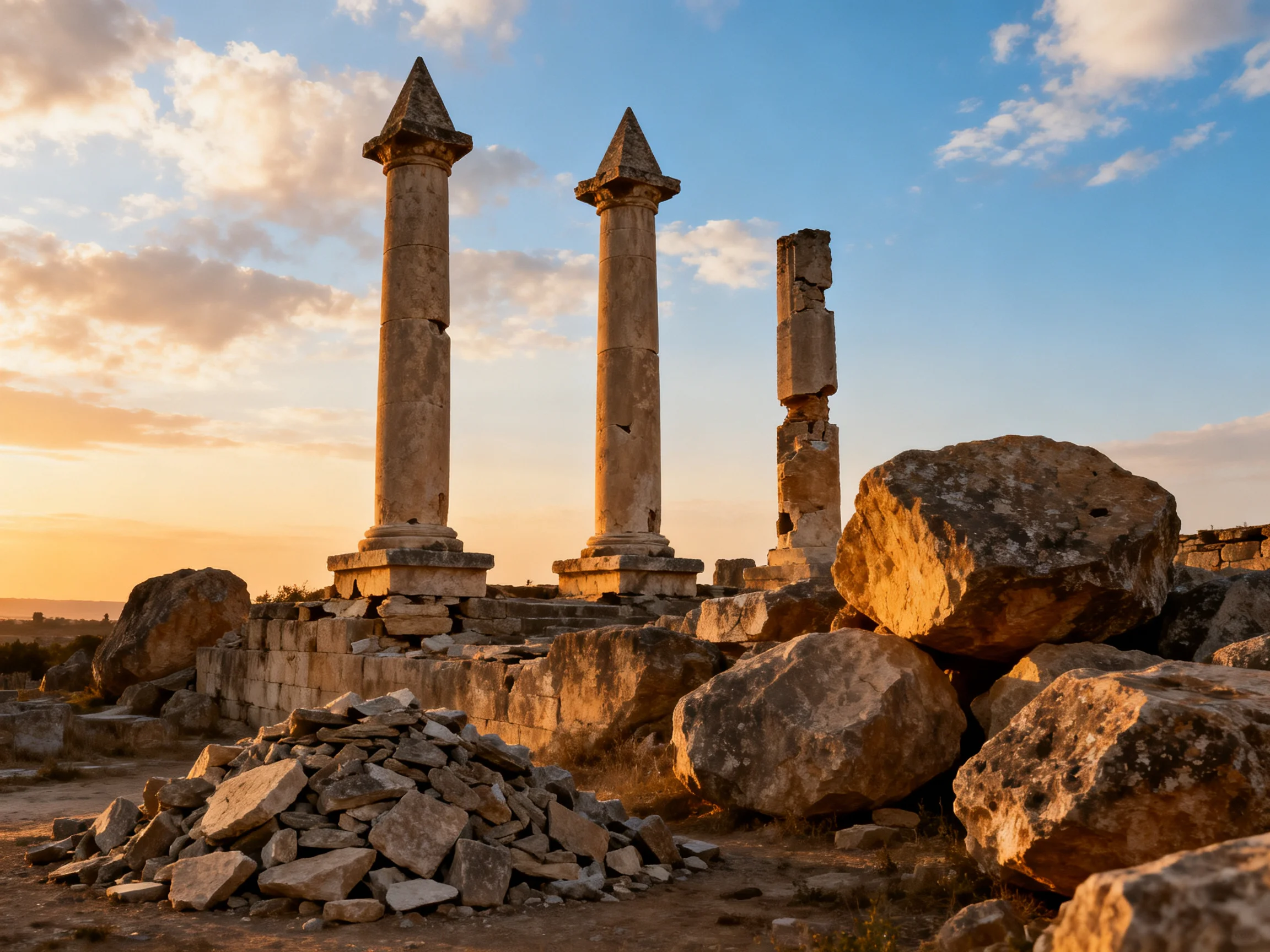 Three aged stone columns amidst rocky ruins under golden sunset