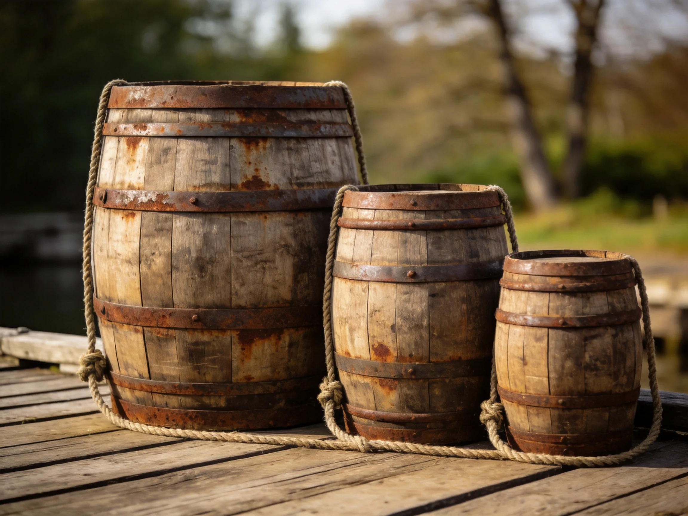 Three aged wooden barrels with rusted metal hoops on a dock