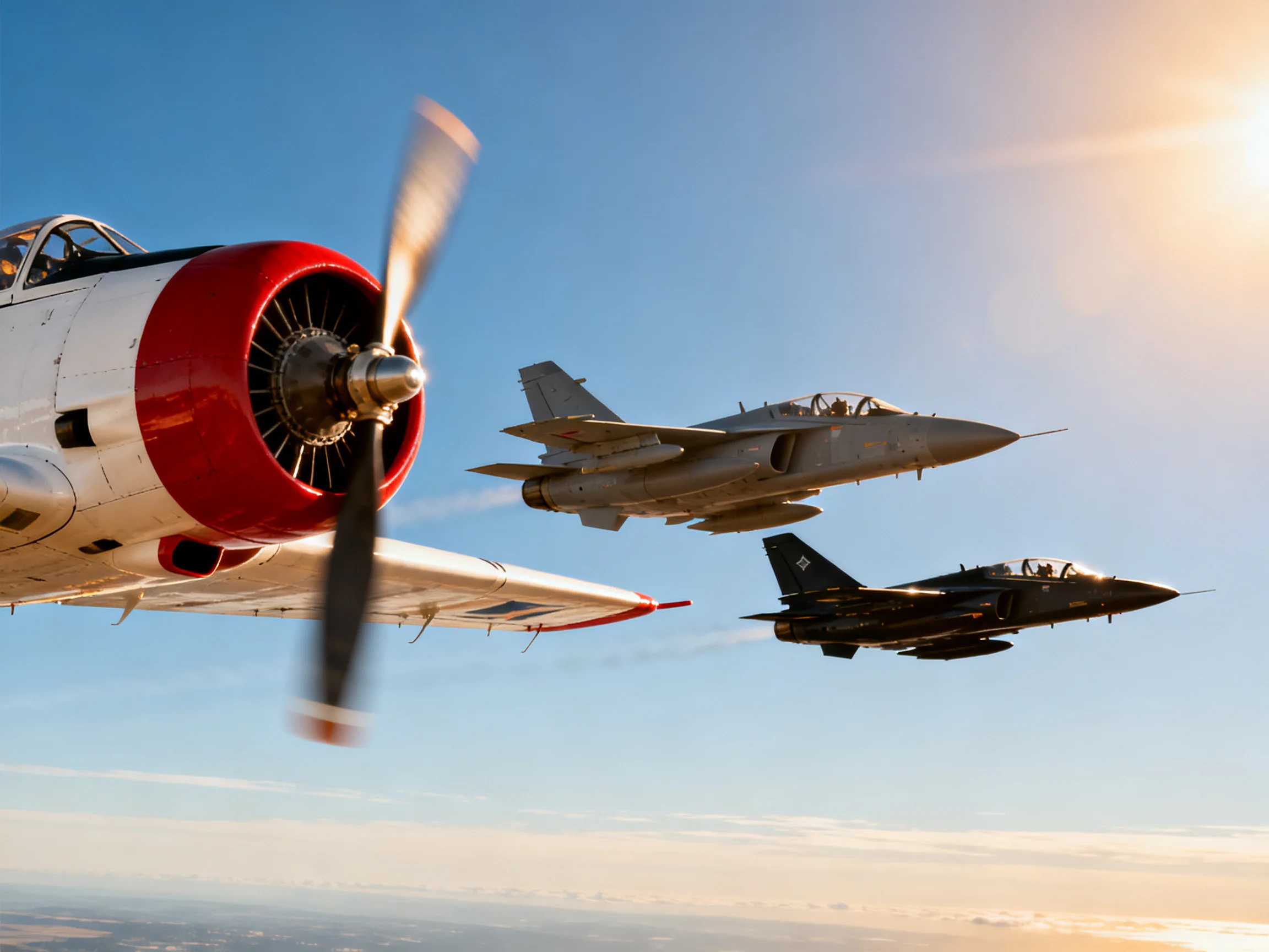 Three aircraft of different eras fly in formation under bright sunlight