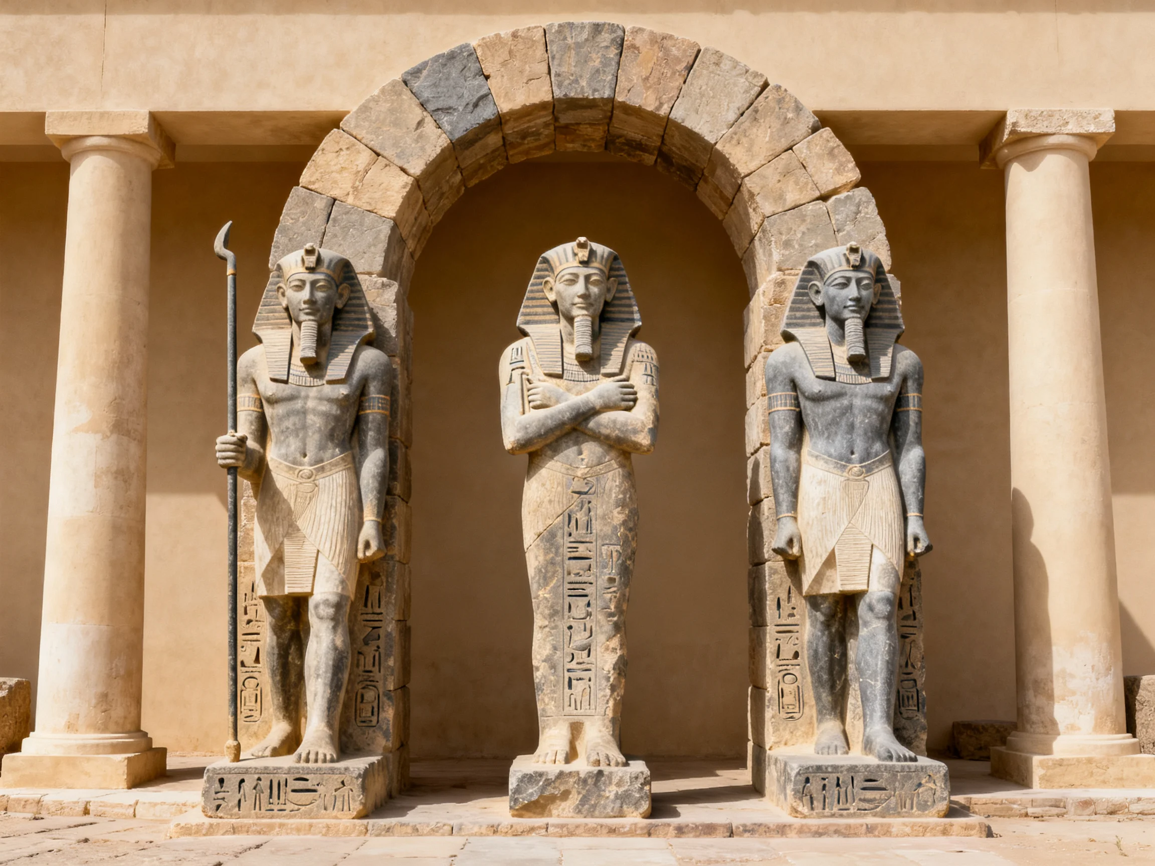Three ancient Egyptian stone statues flanking an arched doorway