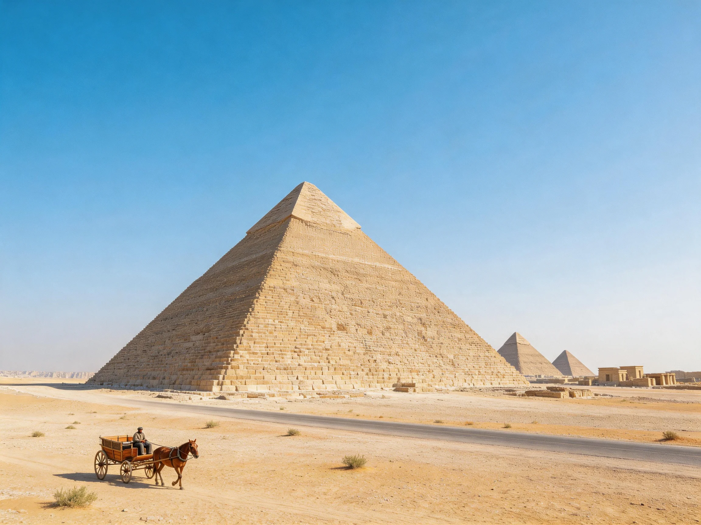 Three ancient pyramids rise in a sandy desert with a horse-drawn carriage