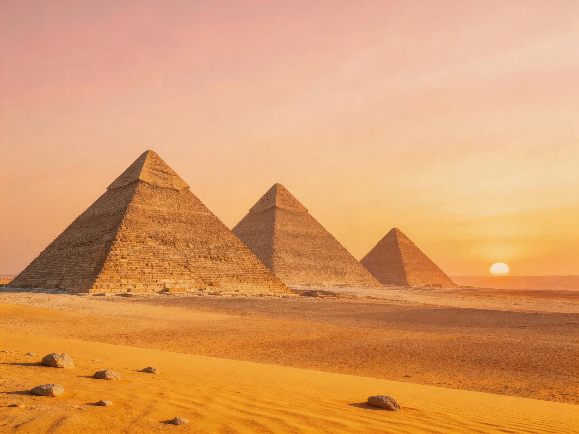Three ancient pyramids stand in golden desert under warm sunset hues