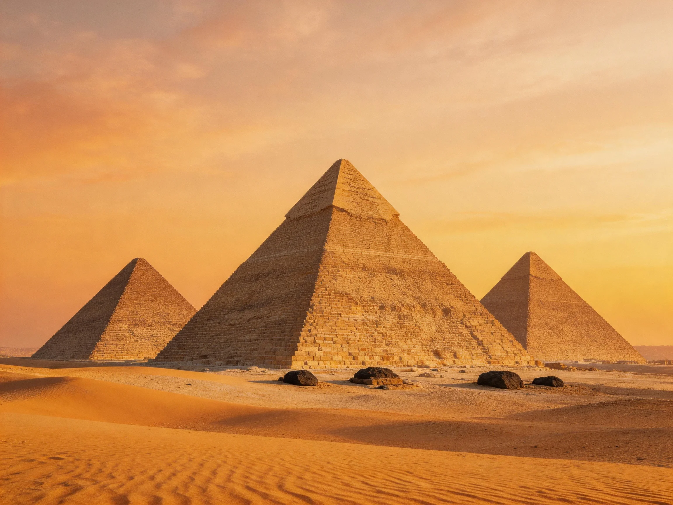 Three ancient pyramids stand tall in golden desert sand under orange sky