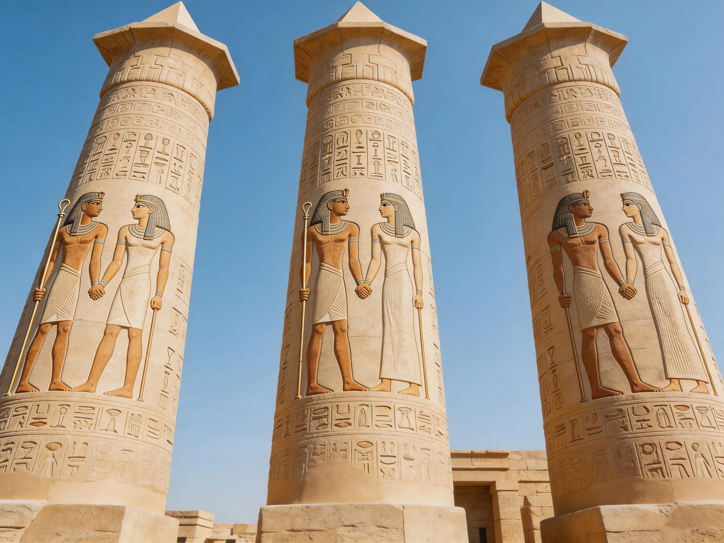 Three ancient stone columns with Egyptian carvings and royal figures