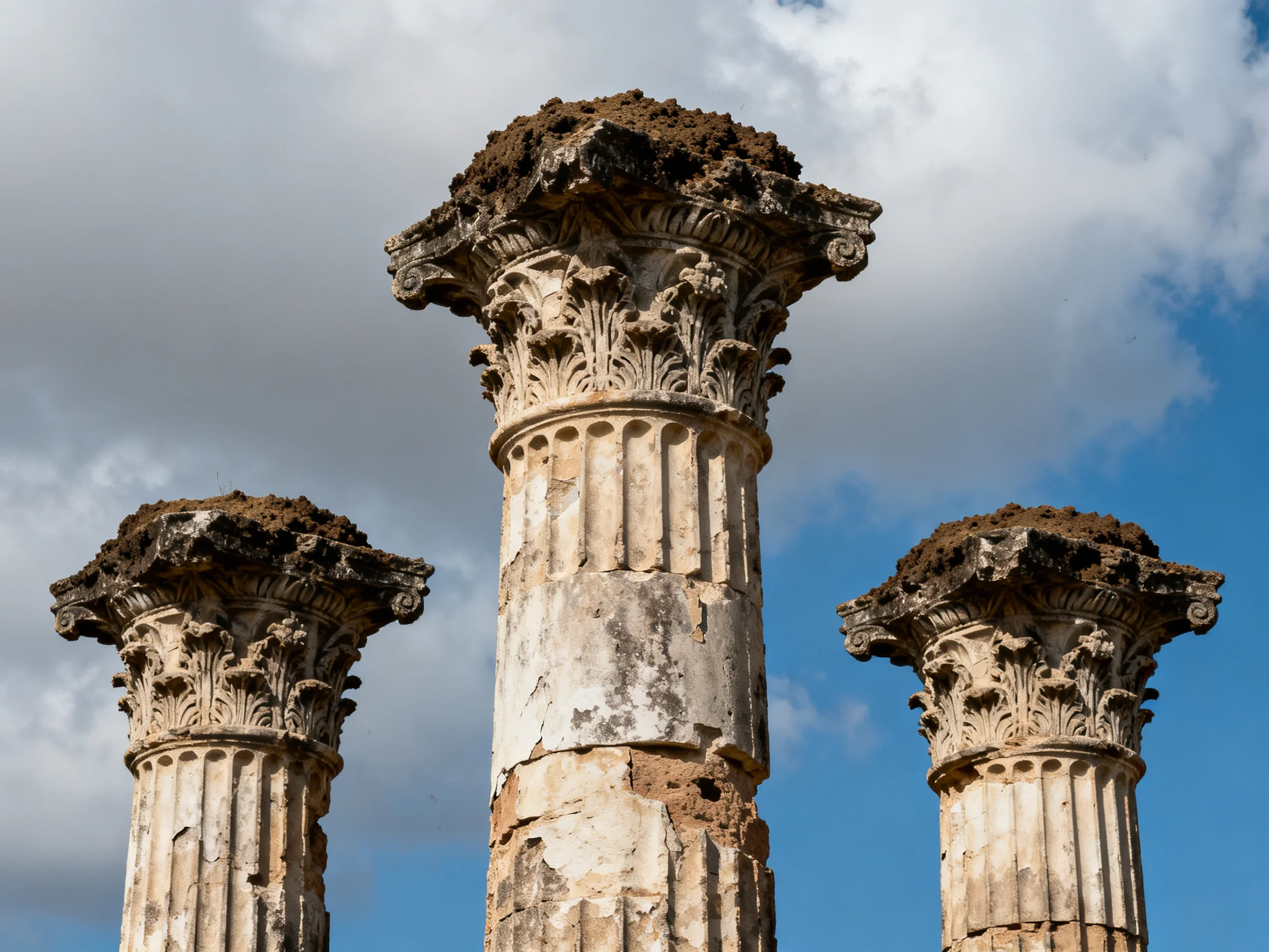 Three ancient stone columns with ornate capitals under a partly cloudy sky