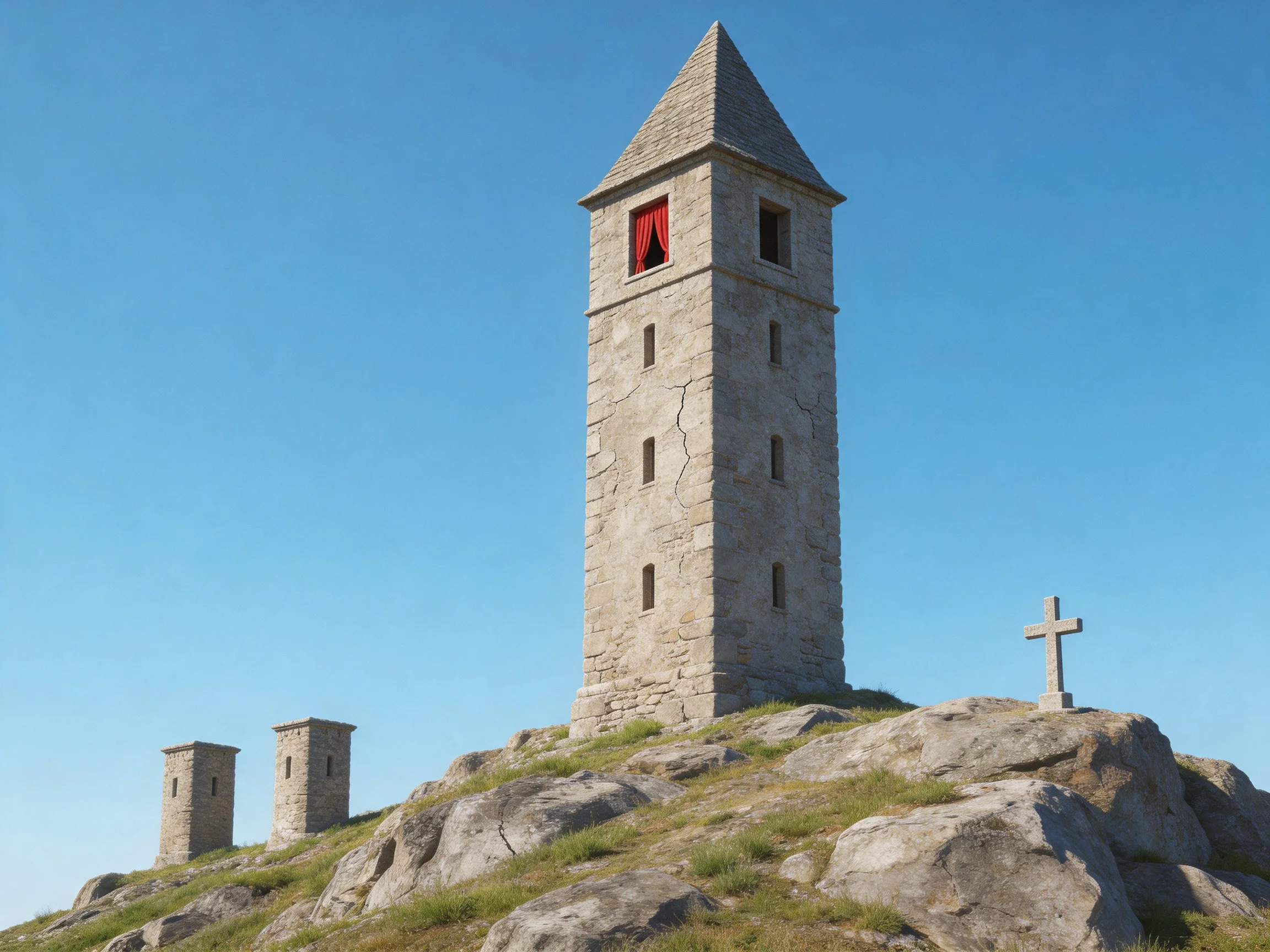 Three ancient stone towers and a cross atop a rocky hill