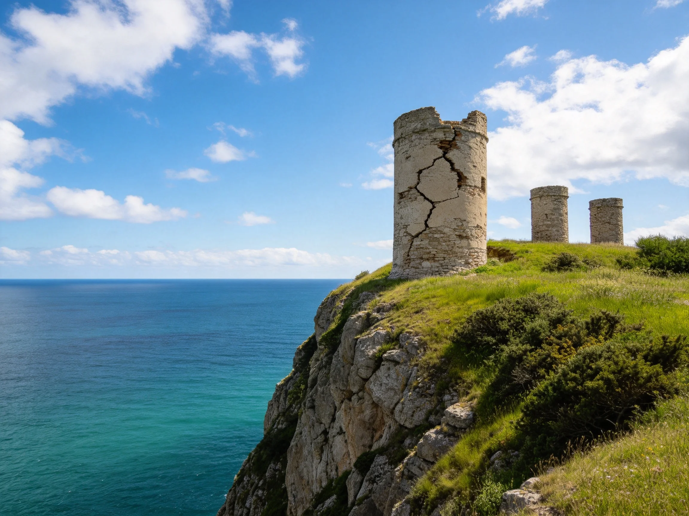 Three ancient stone towers stand atop a grassy cliff overlooking turquoise waters