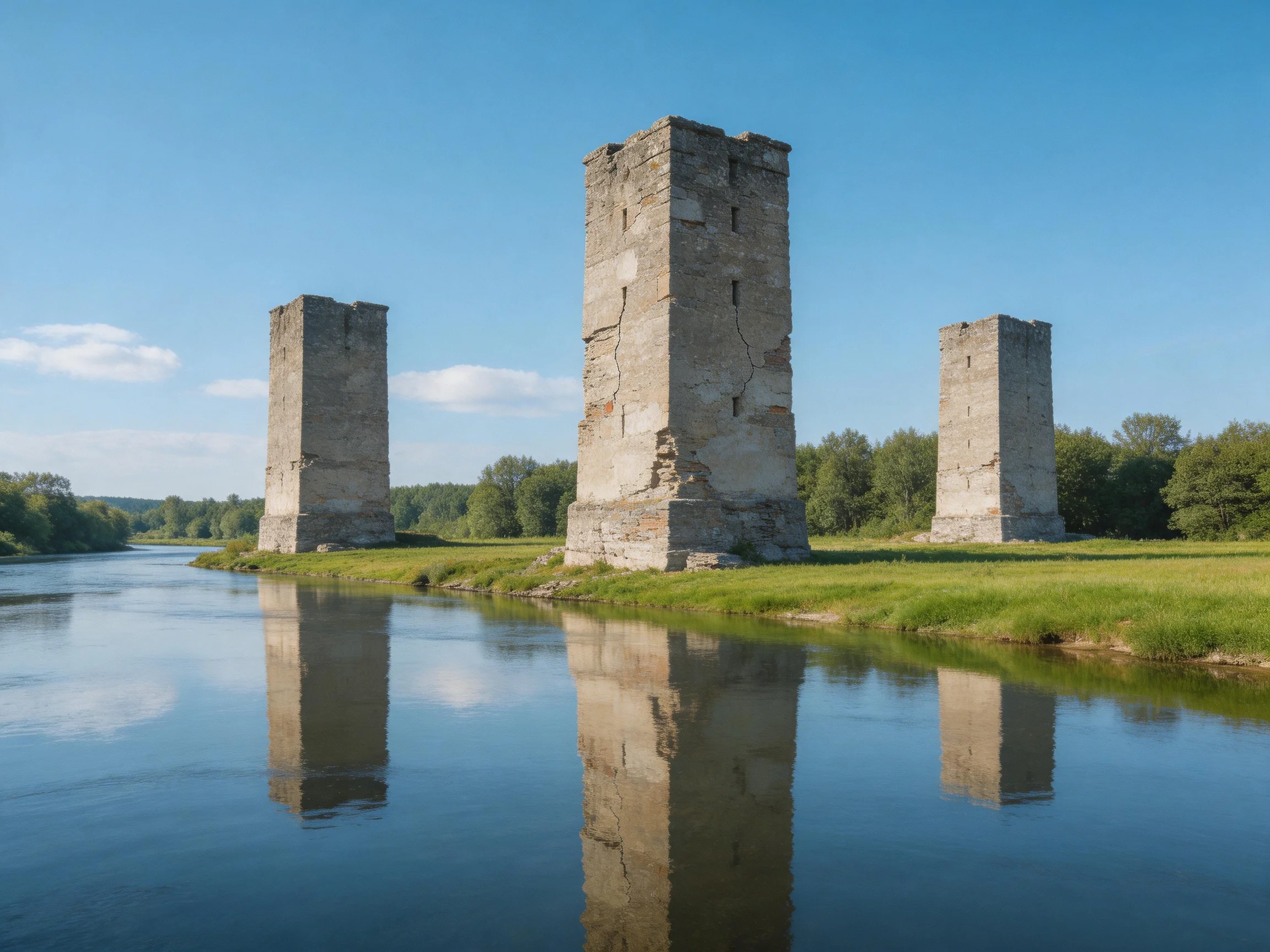 Three ancient stone towers stand by a calm river under clear blue skies