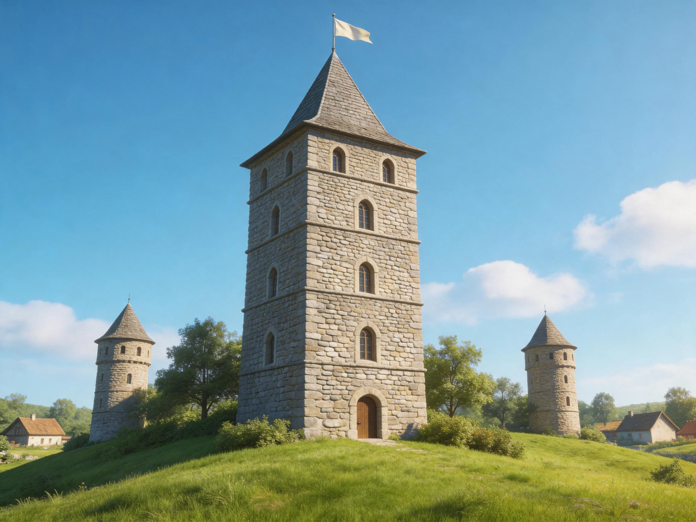 Three ancient stone towers stand on a lush green hilltop