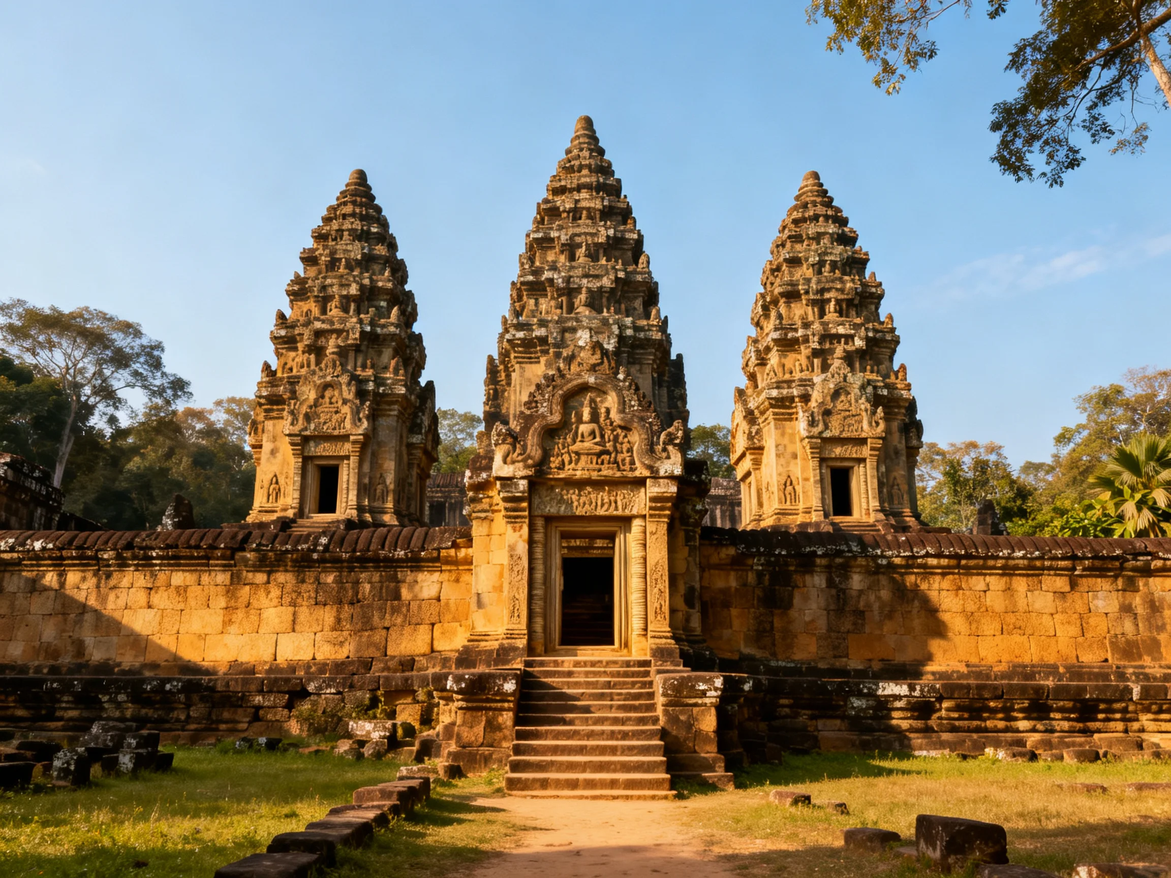 Three ancient temple towers with intricate carvings in warm sunlight