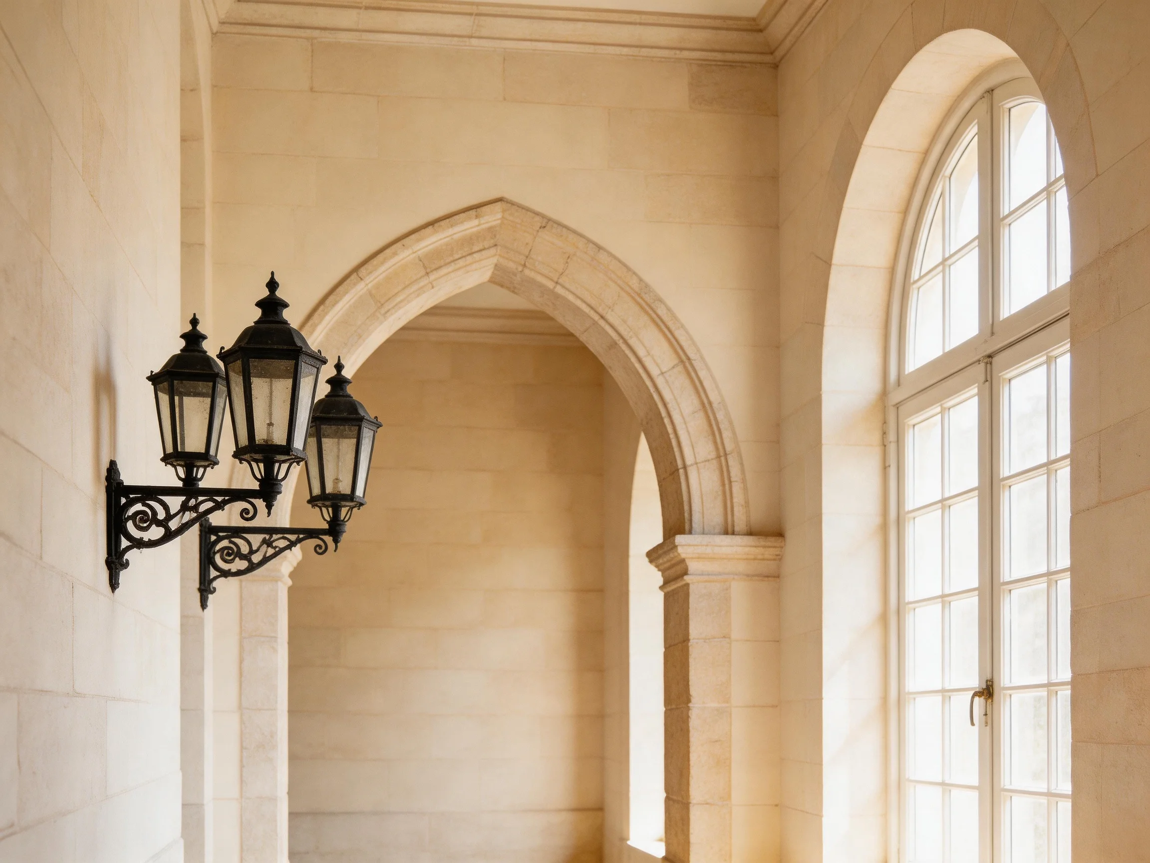 Three black lanterns adorn a beige stone hallway with arched passageway