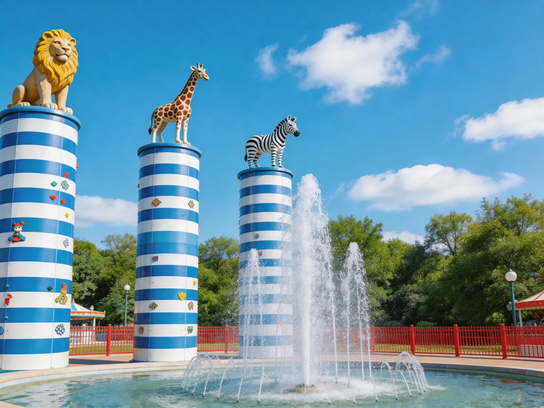 Three blue-and-white striped columns hold animal statues near a water fountain under a clear blue sky