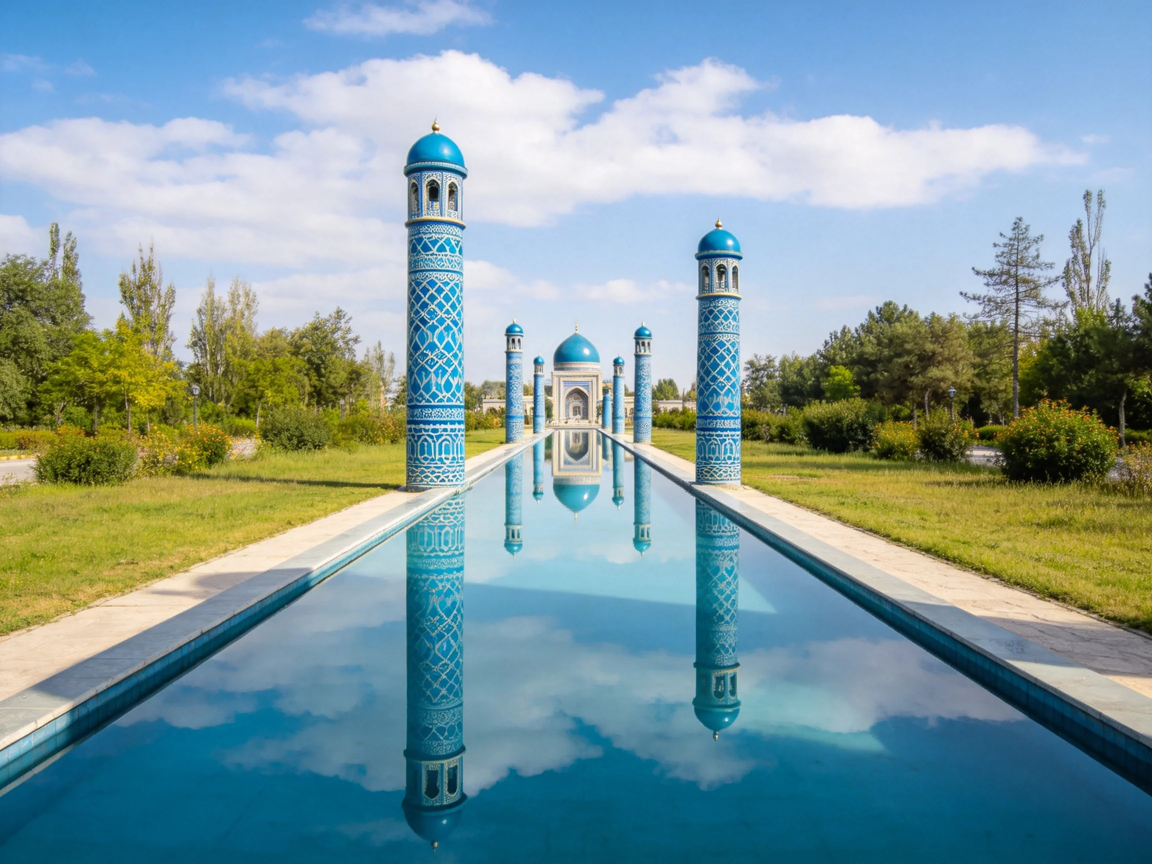Three blue towers reflect in a long, clear pool near a domed building.