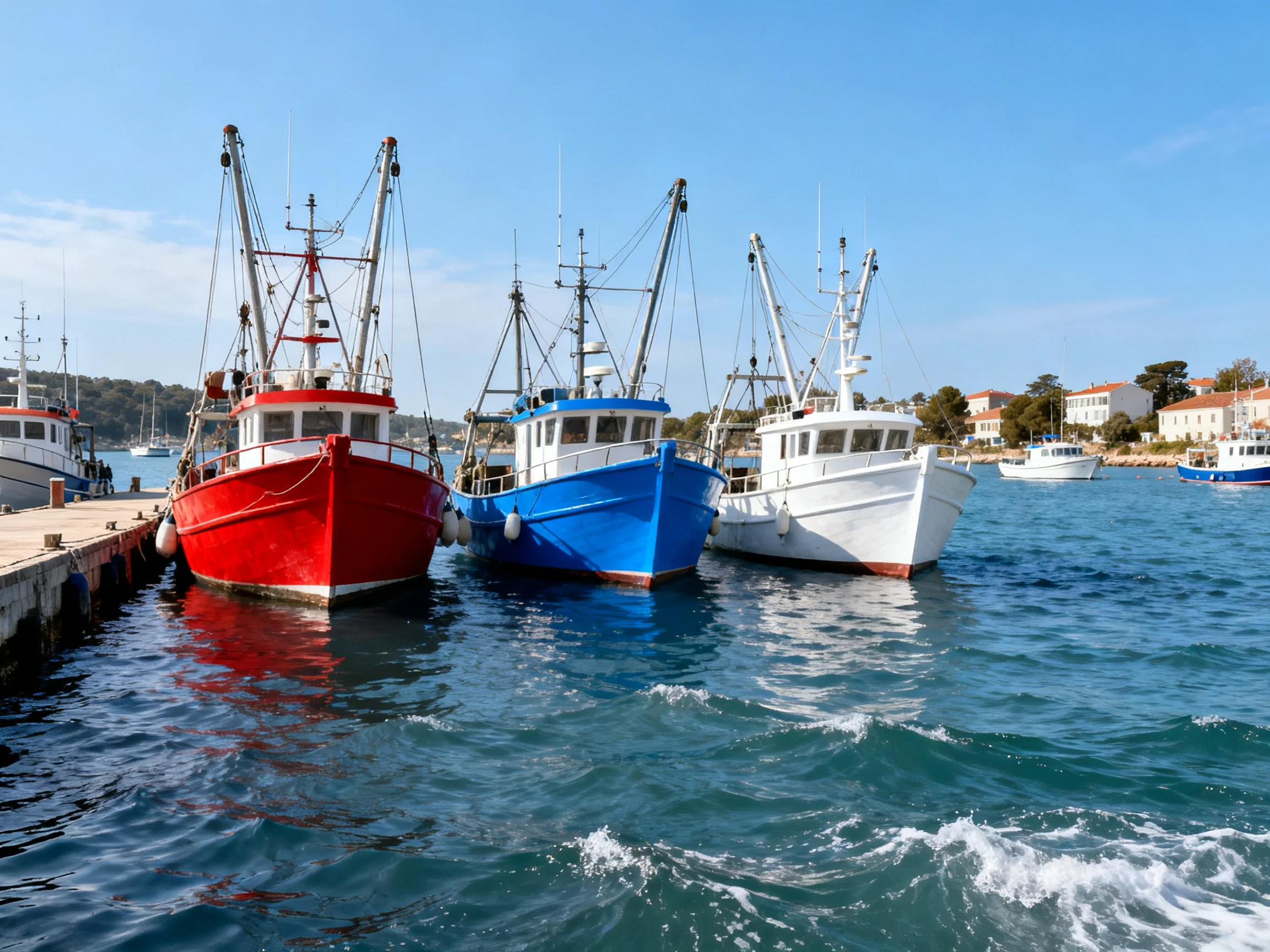 Three brightly colored fishing boats docked at a calm harbor