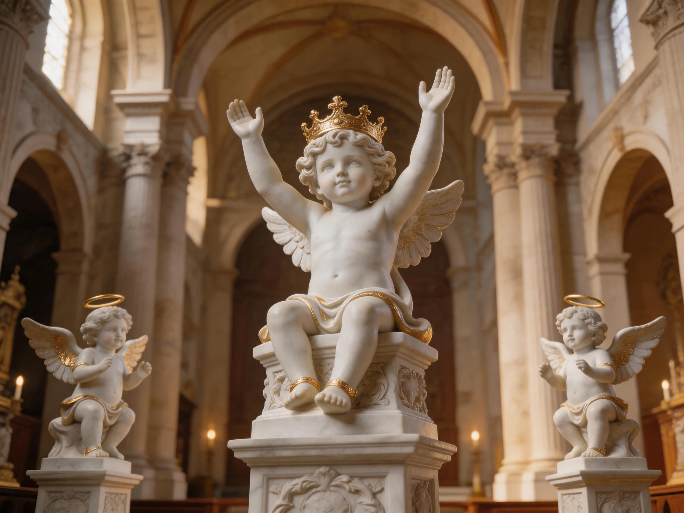 Three cherub statues with golden details in a grand church