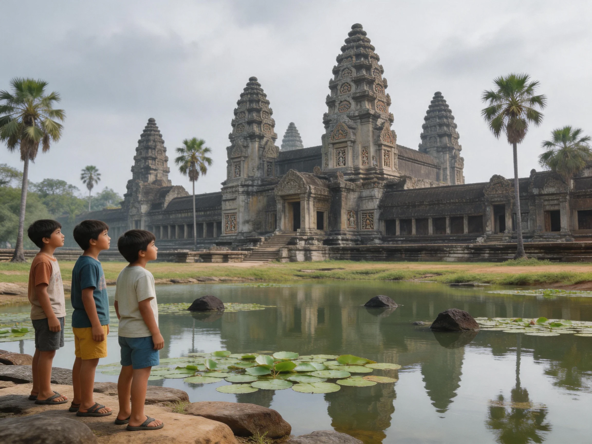 Three children view ancient temple with stone spires near a lily pond