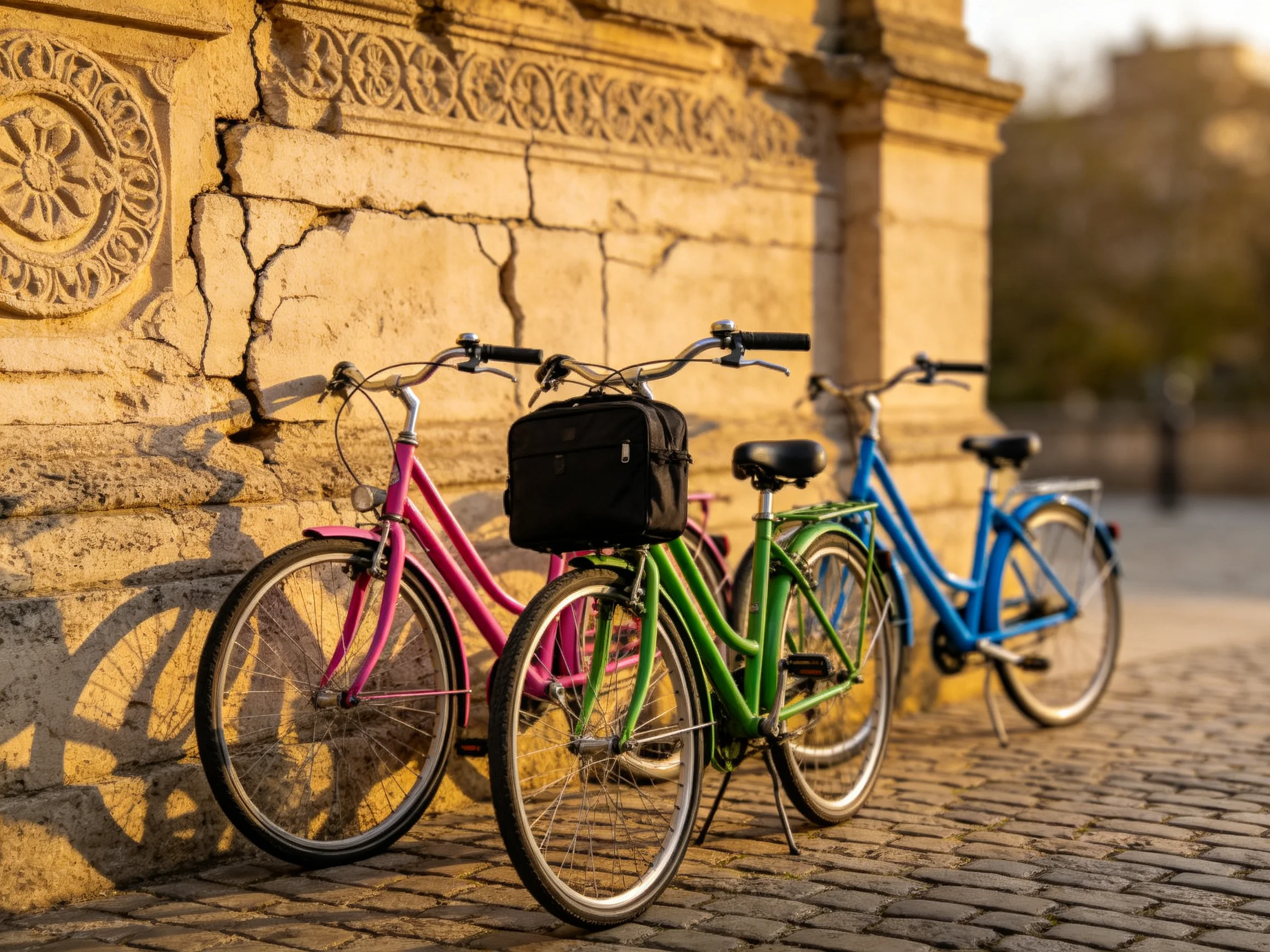 Three colorful bicycles rest near an aged stone wall