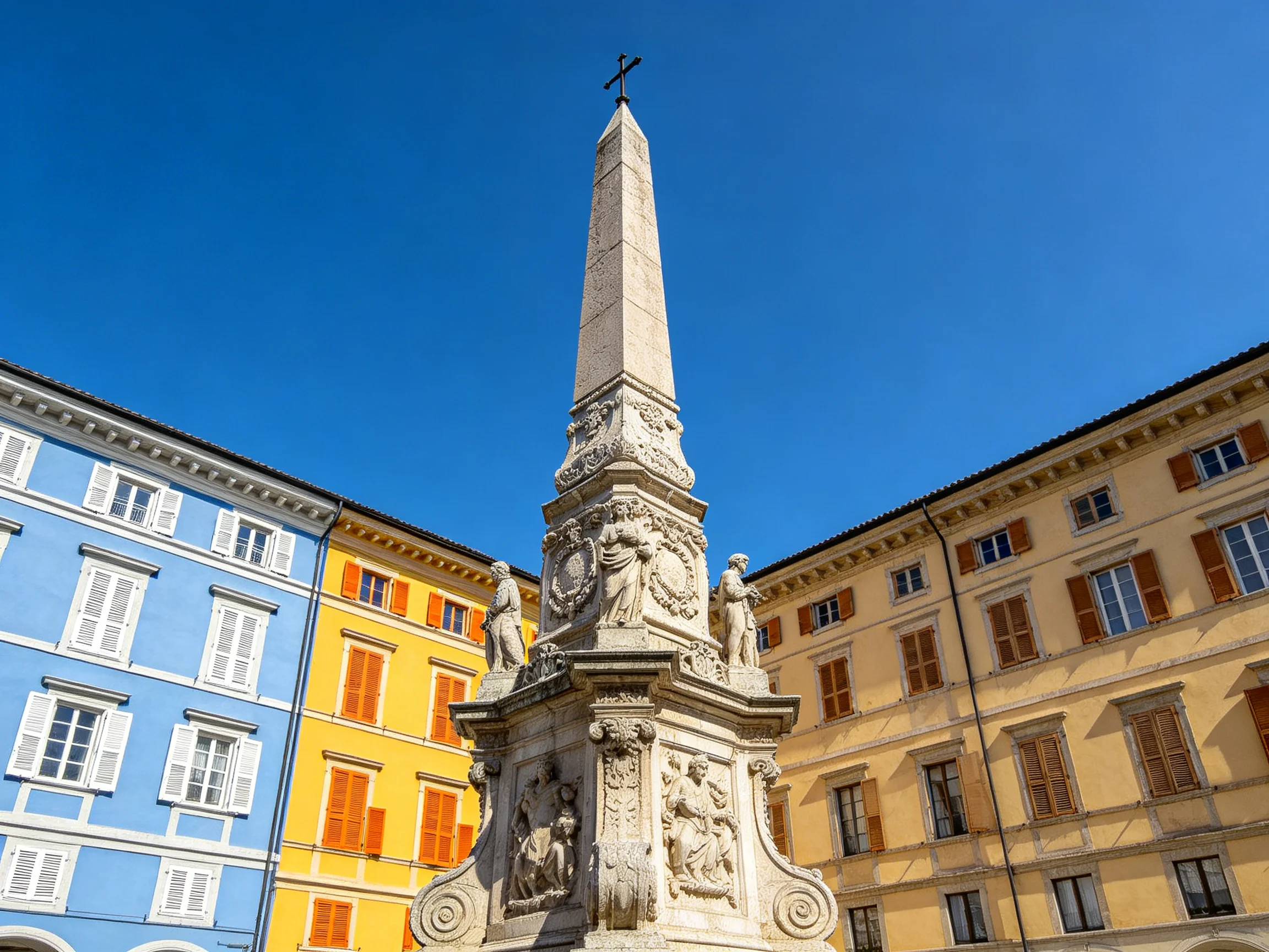 Three colorful historic buildings surround a tall stone obelisk