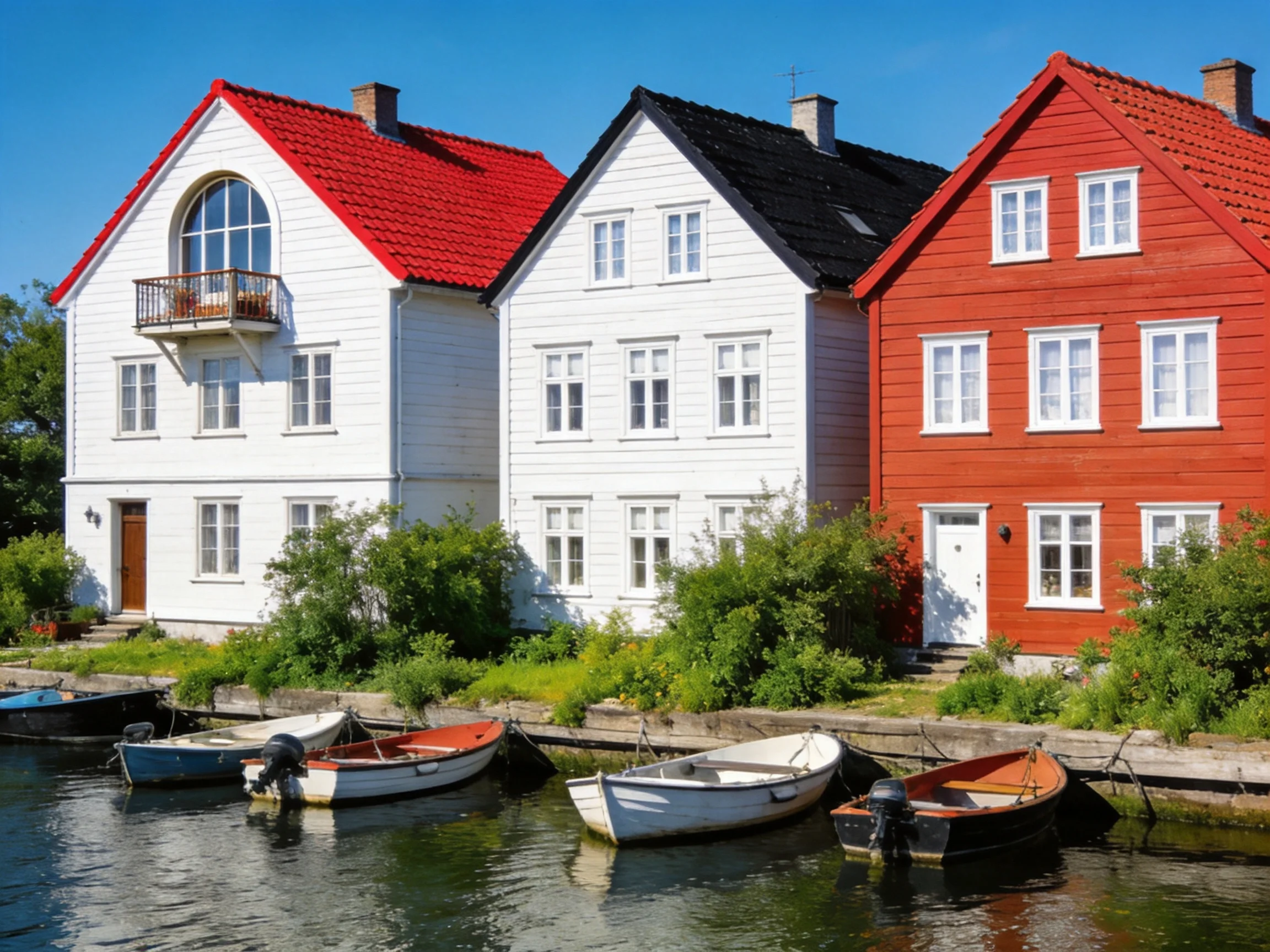 Three colorful houses sit beside a waterway with docked boats