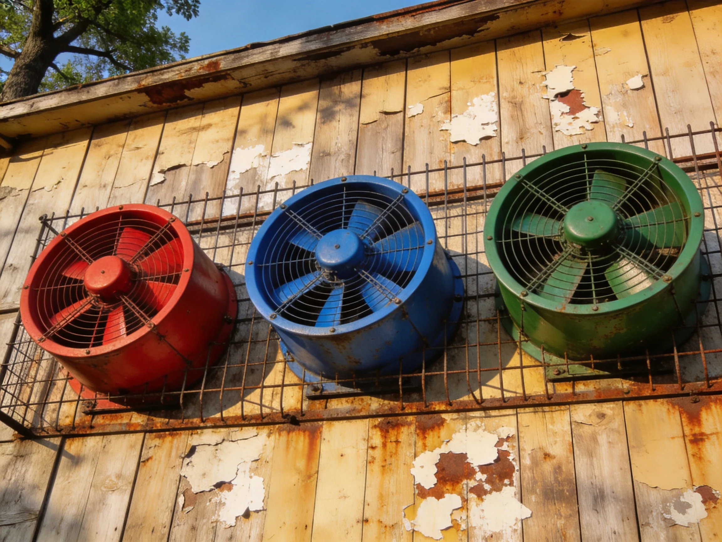 Three colorful industrial fans mounted a weathered wooden wall