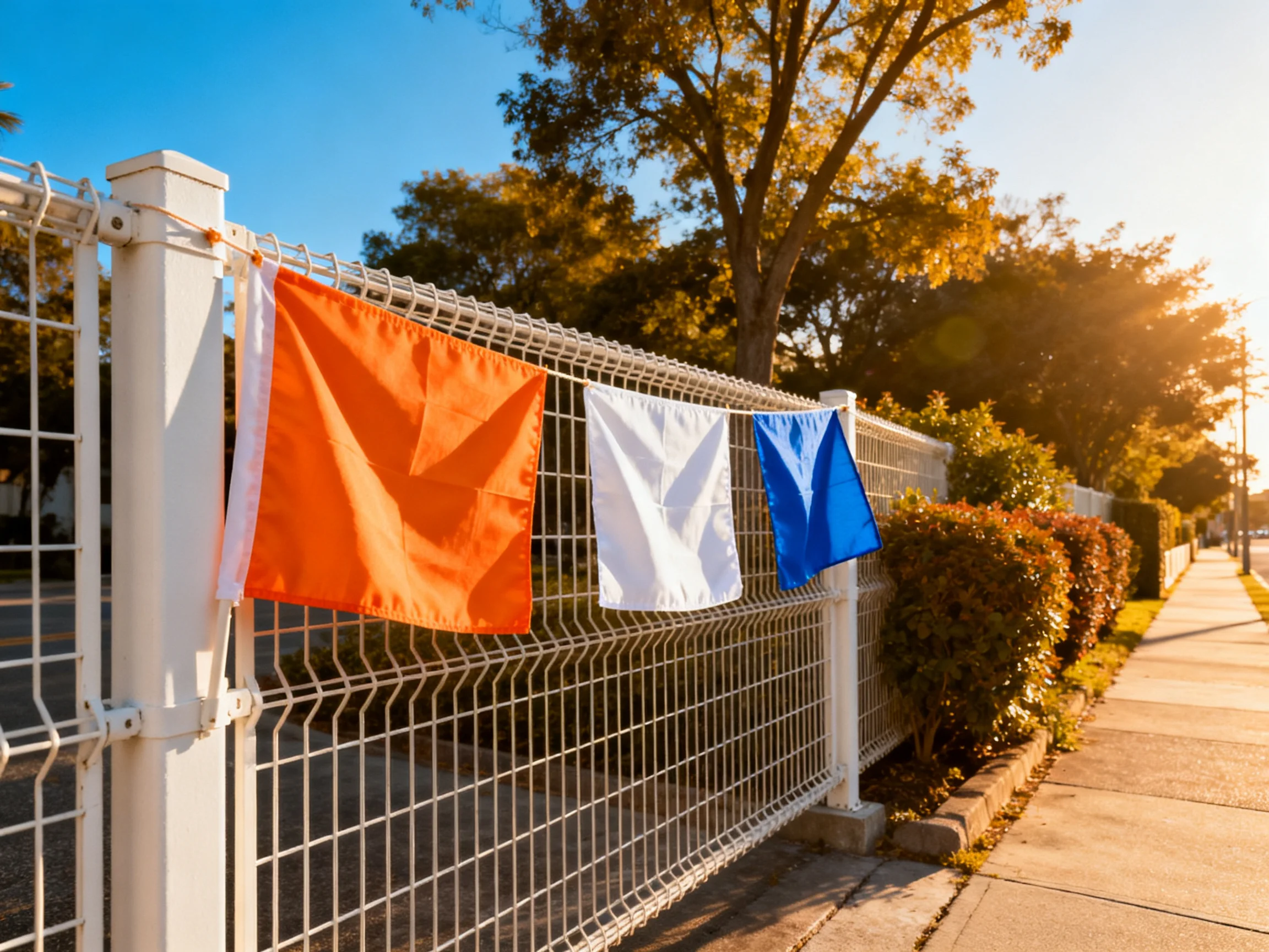 Three colorful signal flags hang from a white fence near trees