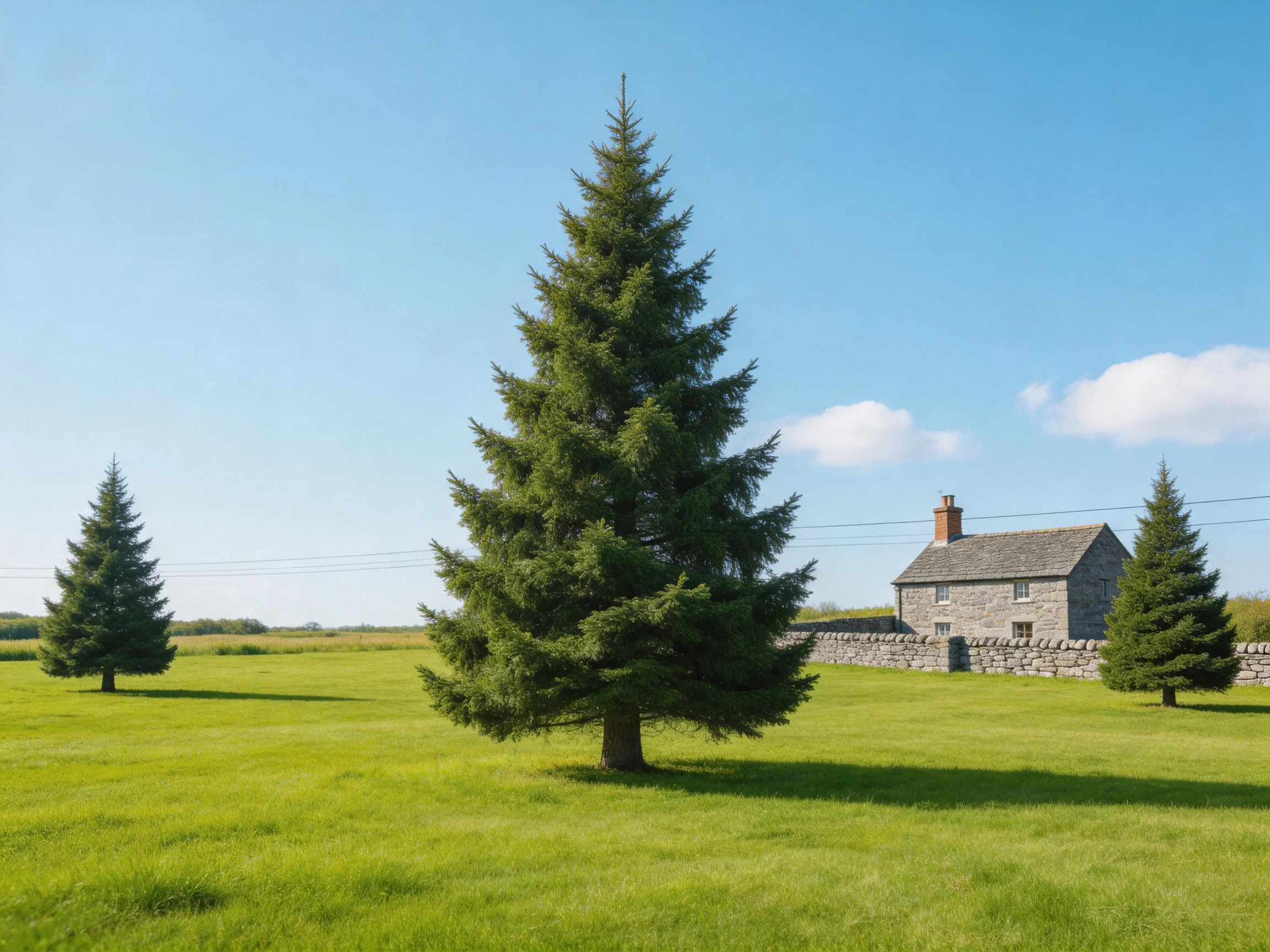 Three evergreen trees in a lush green field beside a stone house