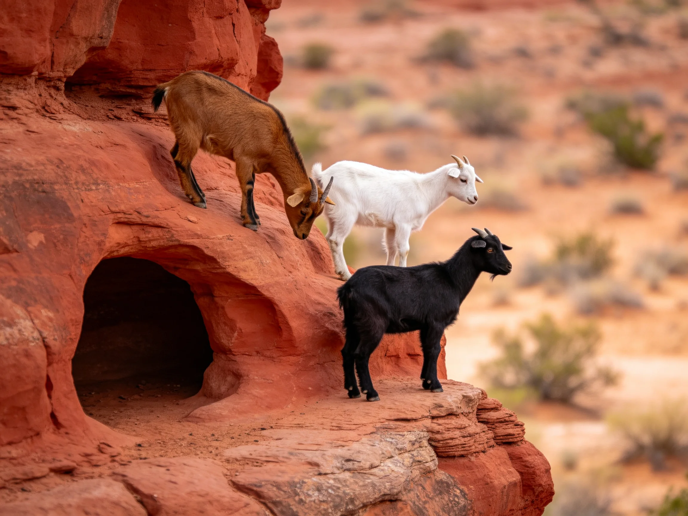 Three goats of brown, white, and black stand on red rocky cliffs