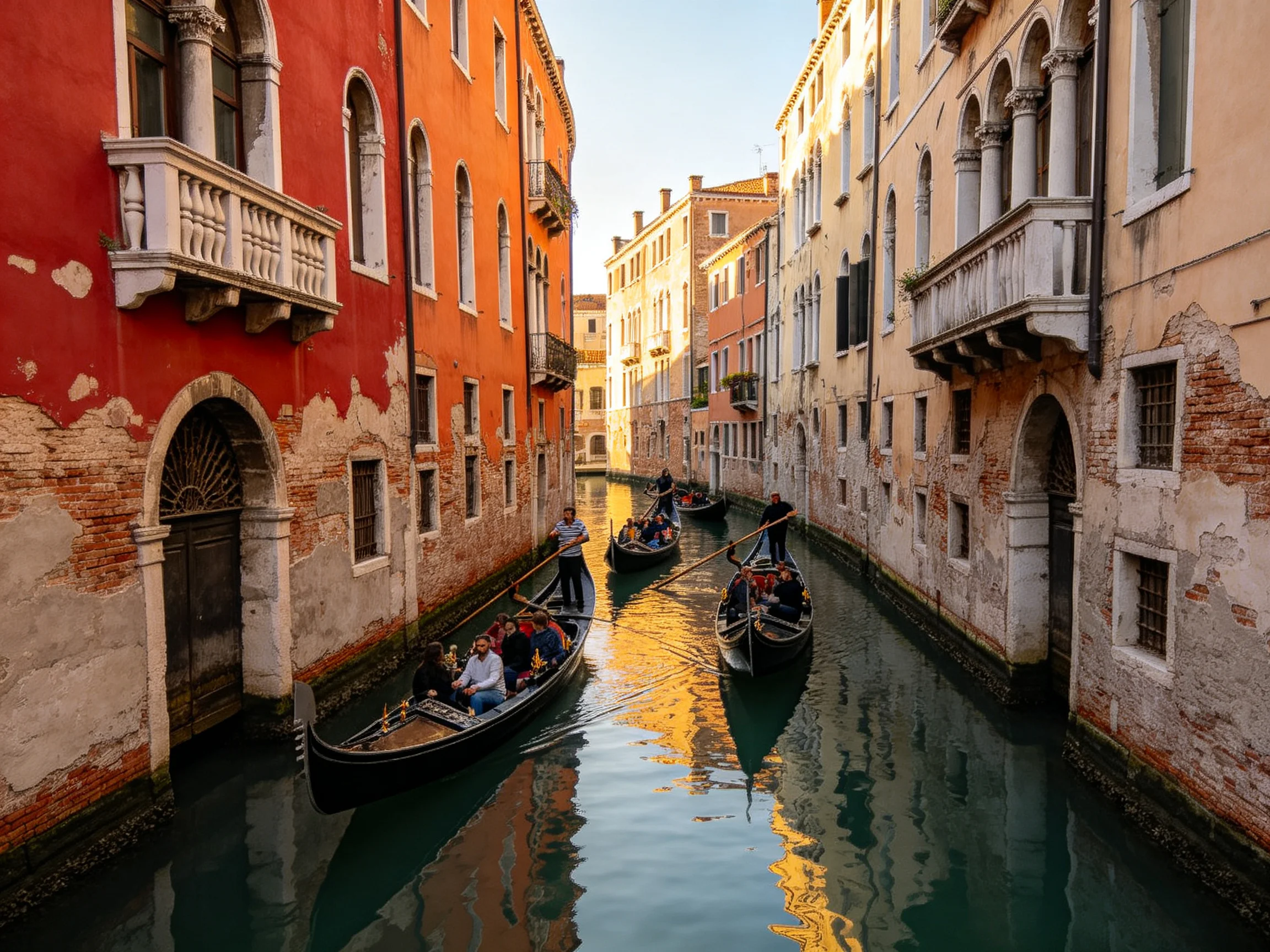 Three gondolas navigate narrow canals beside aged, colorful Venetian buildings
