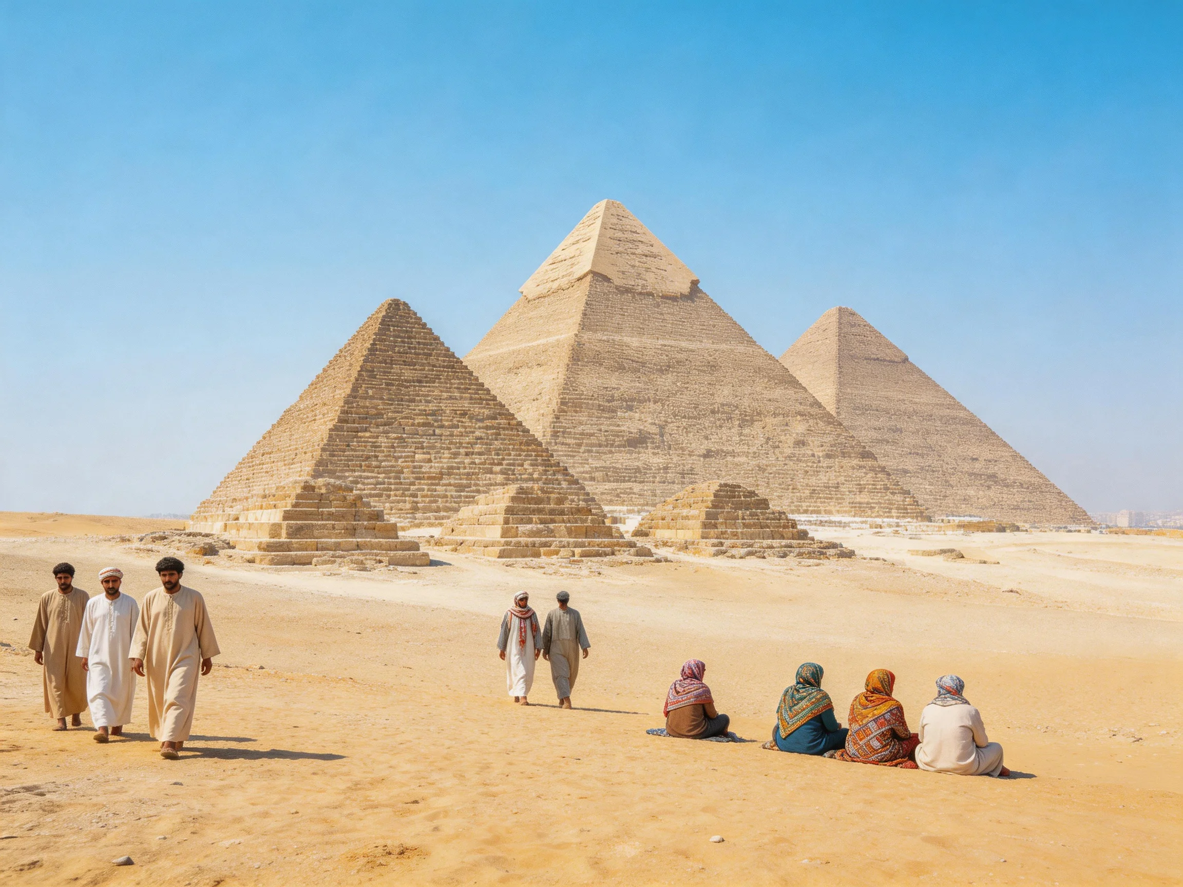 Three grand pyramids rise over golden desert with locals walking and resting