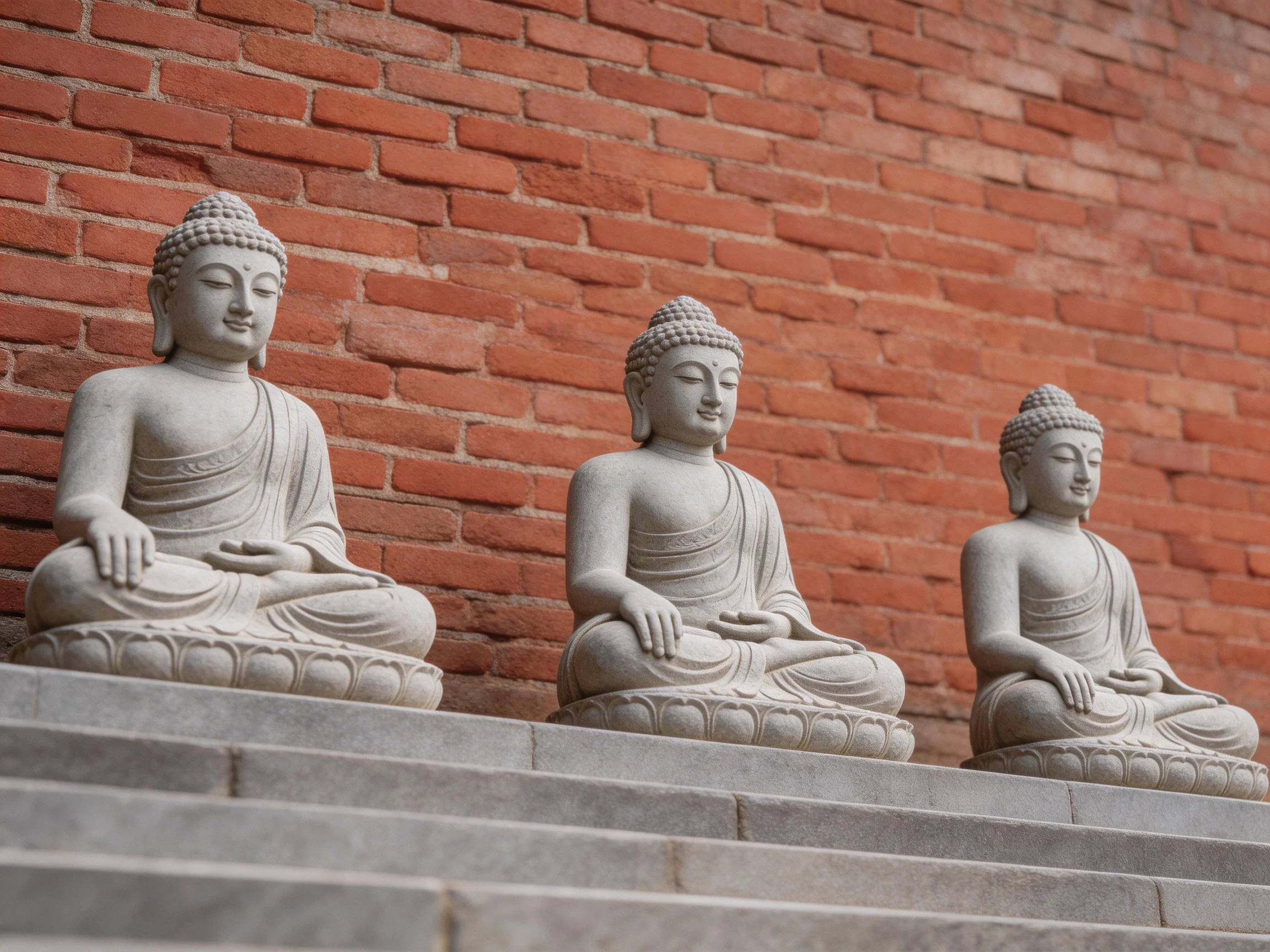 Three gray Buddha statues positioned against a red brick wall