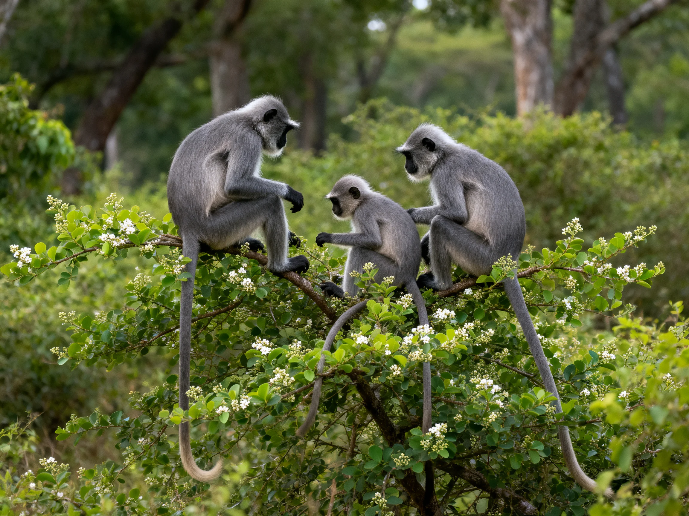 Three gray langurs interact on a leafy flowering branch