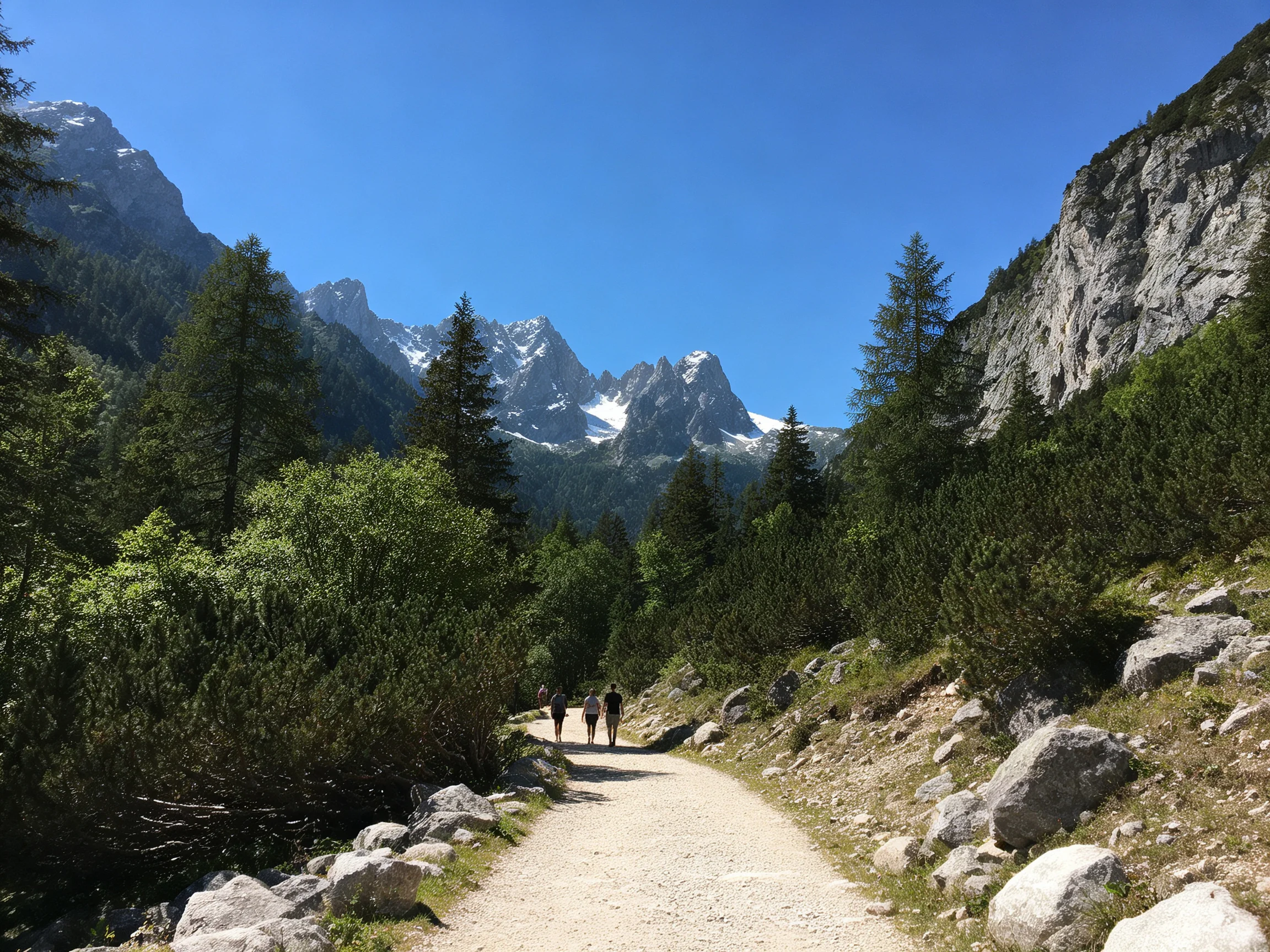 Three hikers walk along a rocky forest trail near snow-capped mountains