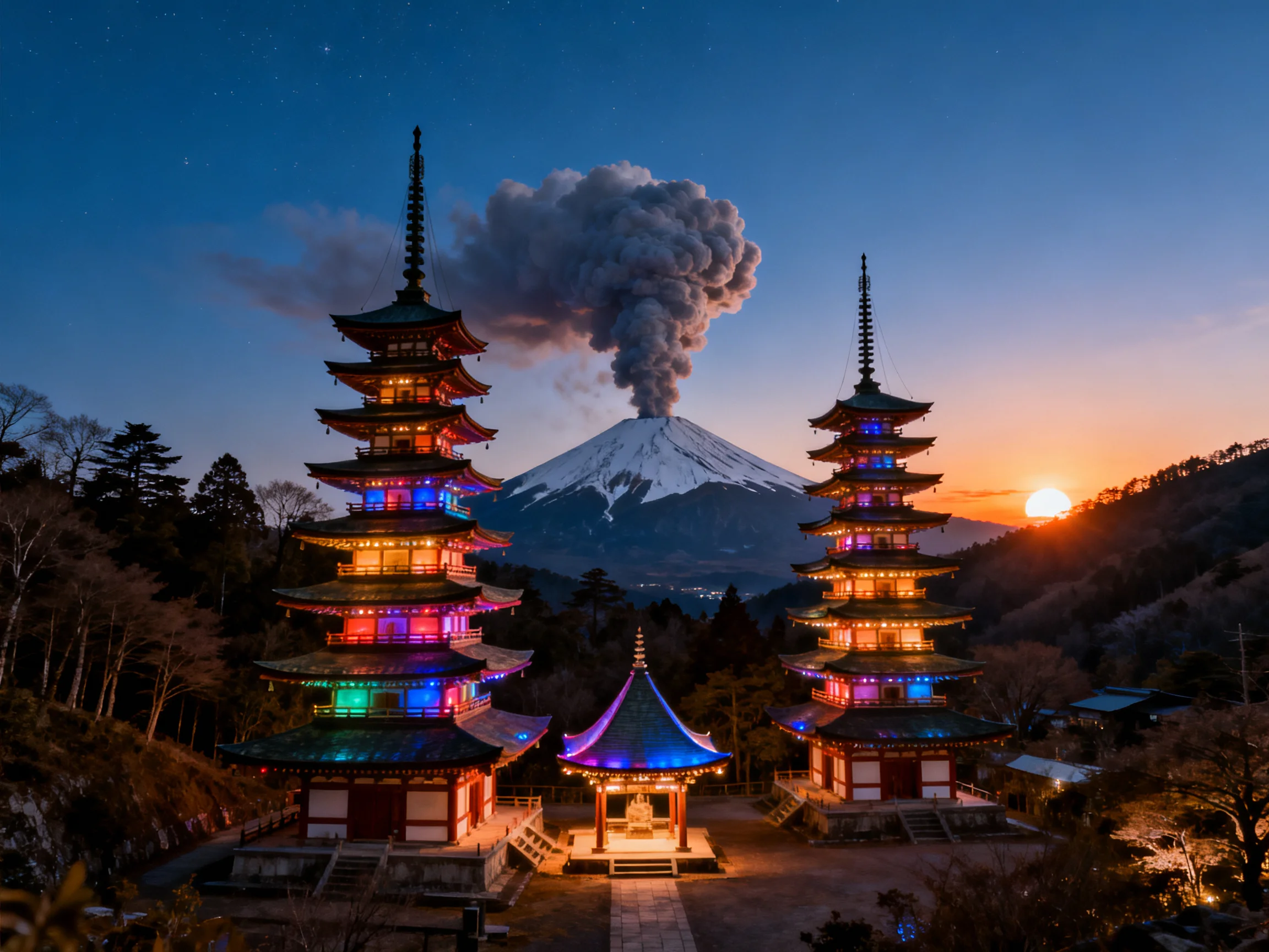 Three illuminated structures near erupting Mount Fuji at dusk