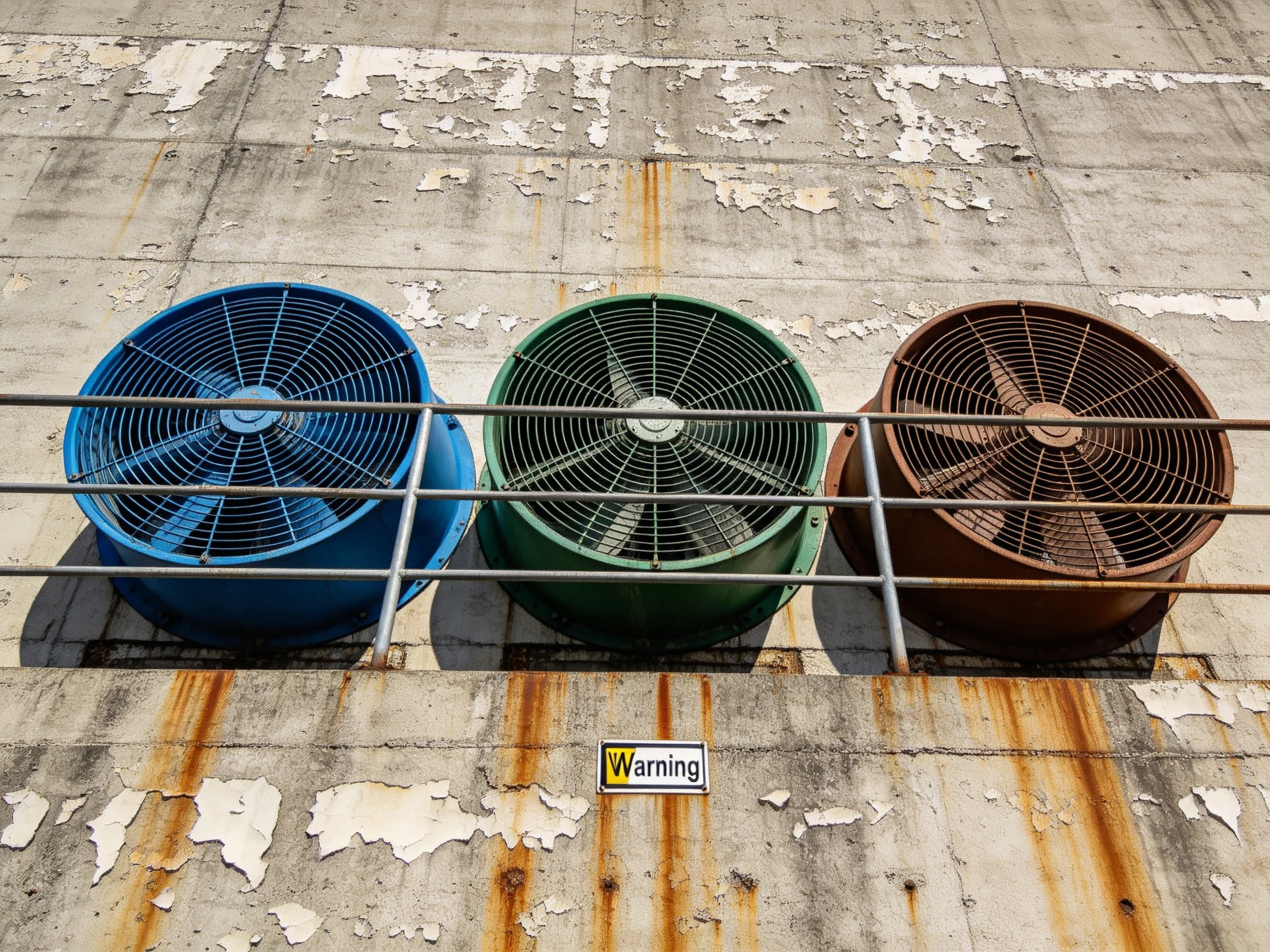 Three industrial fans in blue, green, brown on aged concrete wall