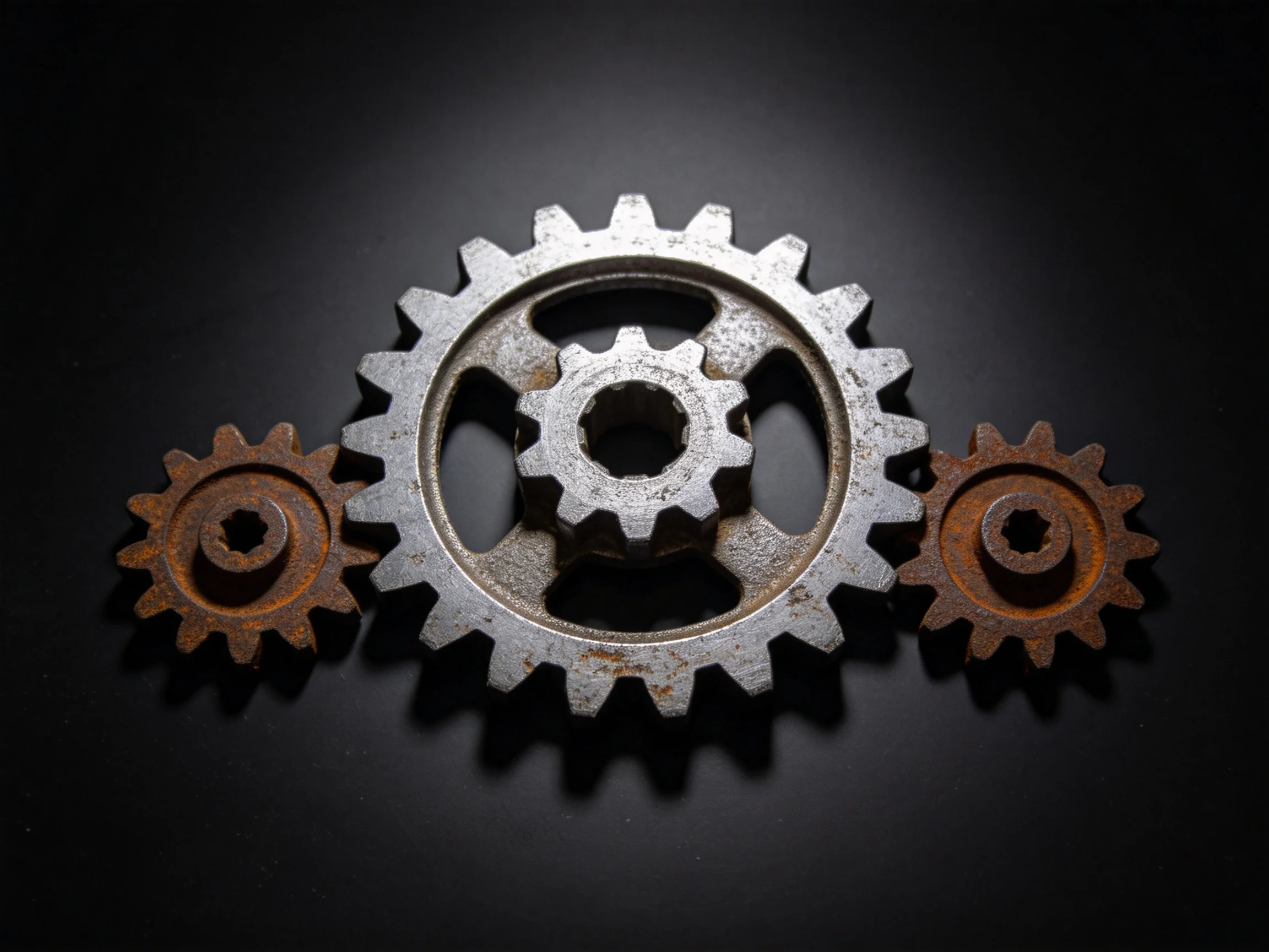 Three interlocking gears show rusted and polished metal textures on a dark surface