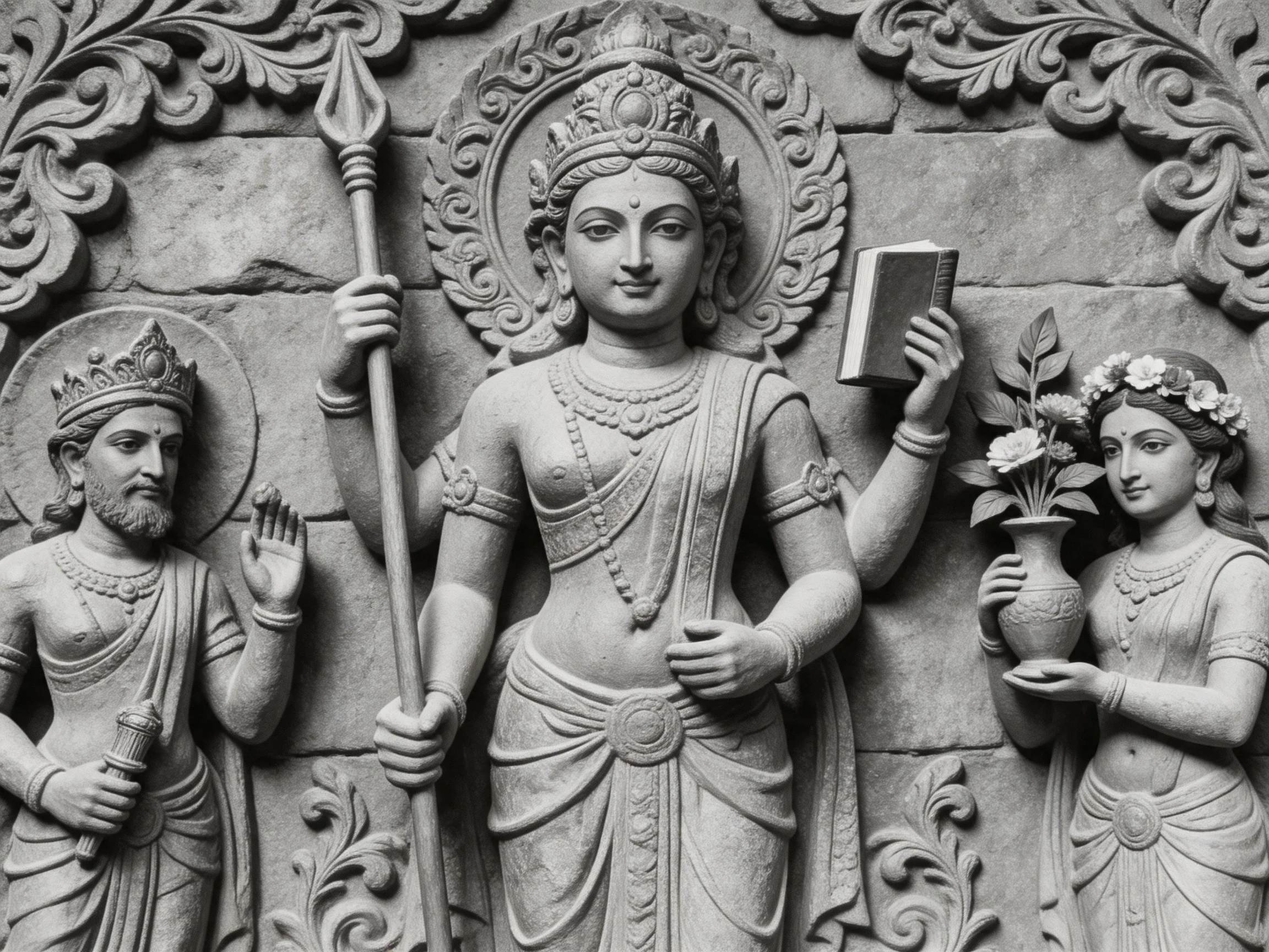 Three intricately carved stone sculptures with divine figures and decorative motifs