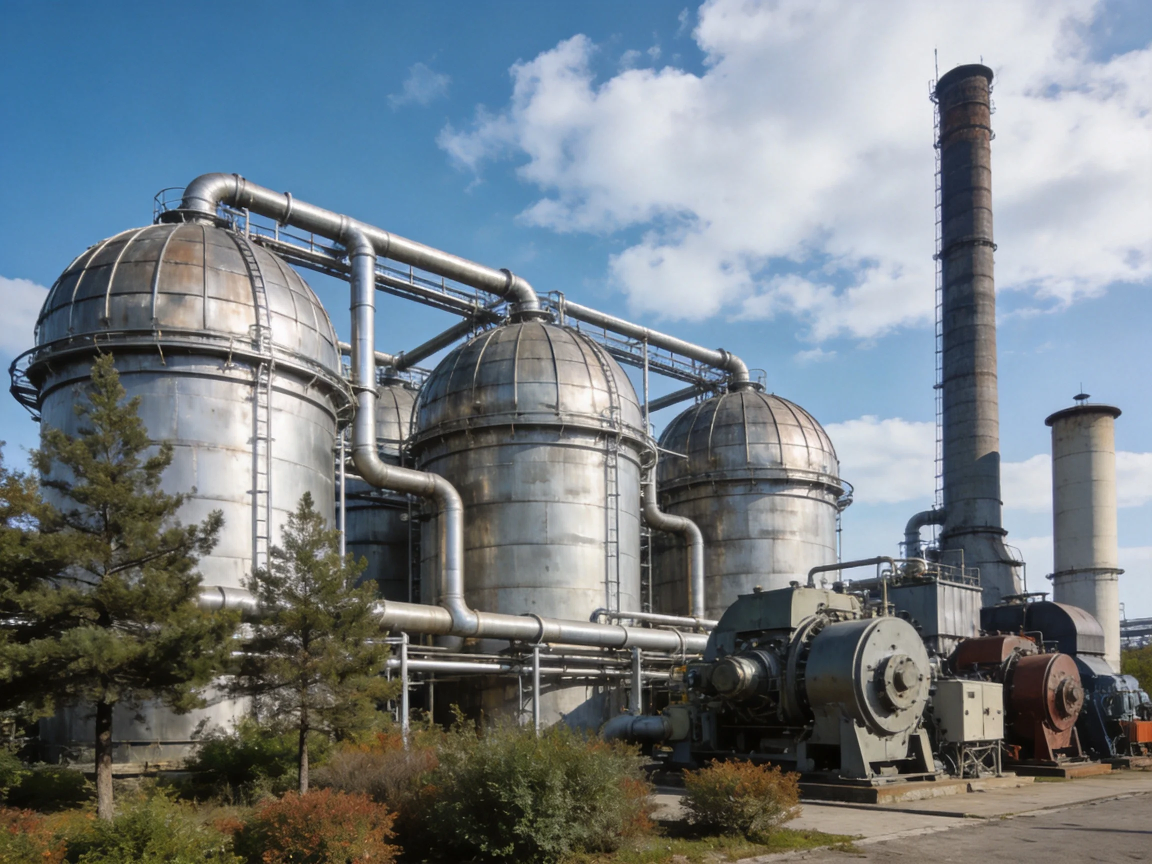 Three large silver industrial tanks connected by pipes near tall chimneys