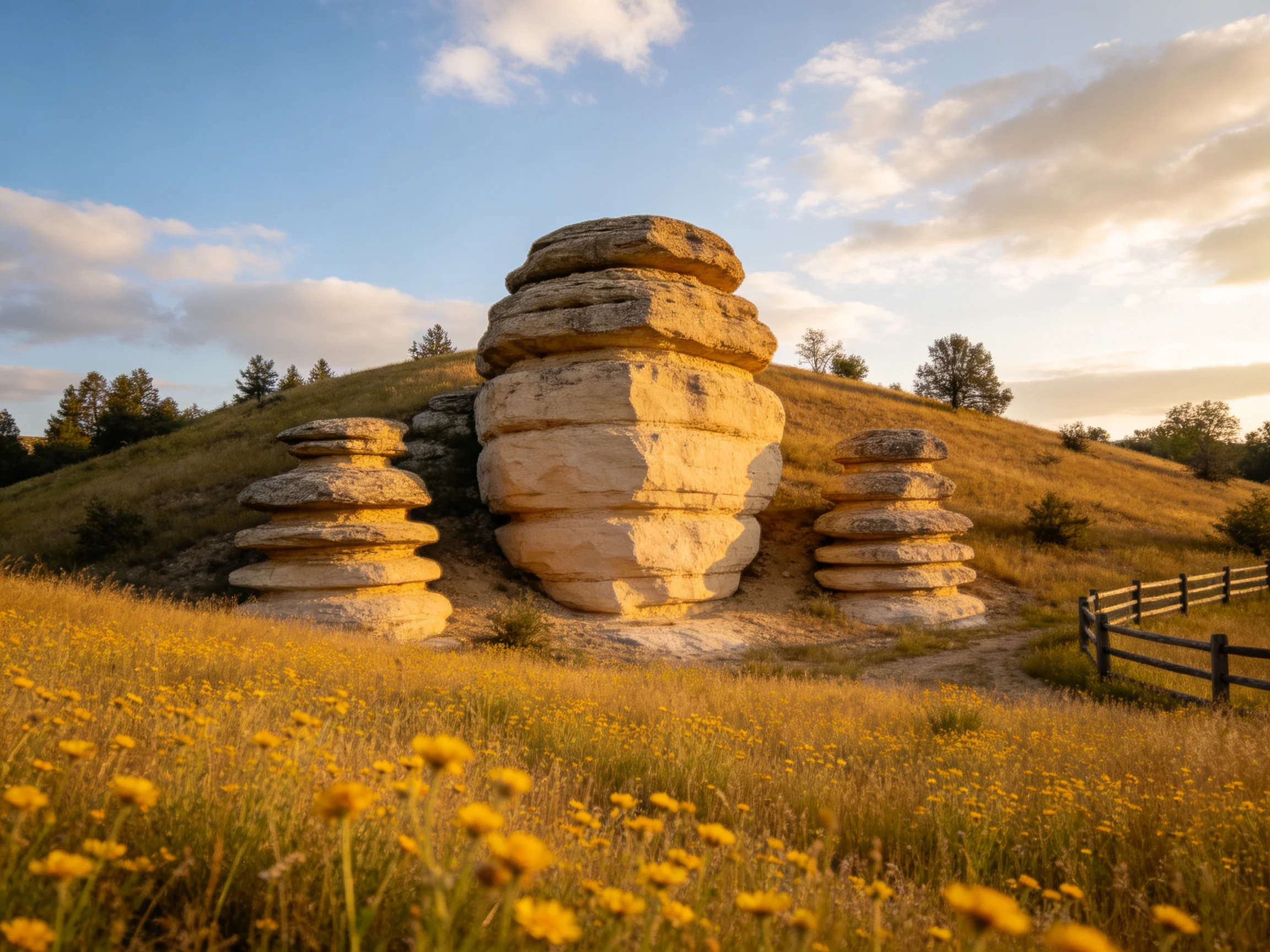 Three layered stone formations amidst a golden wildflower field