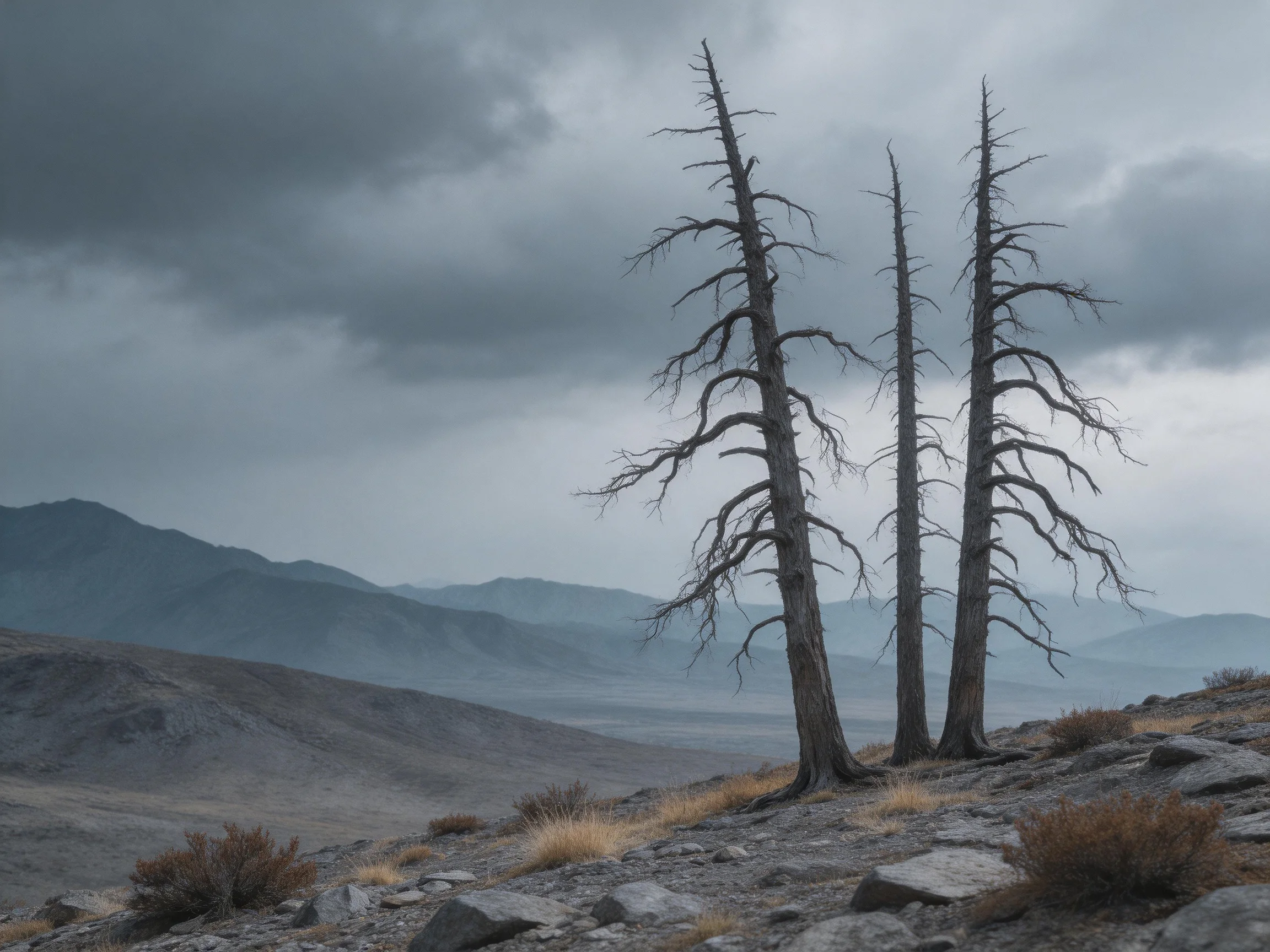 Three leafless trees on rocky slopes beside misty mountains under stormy skies