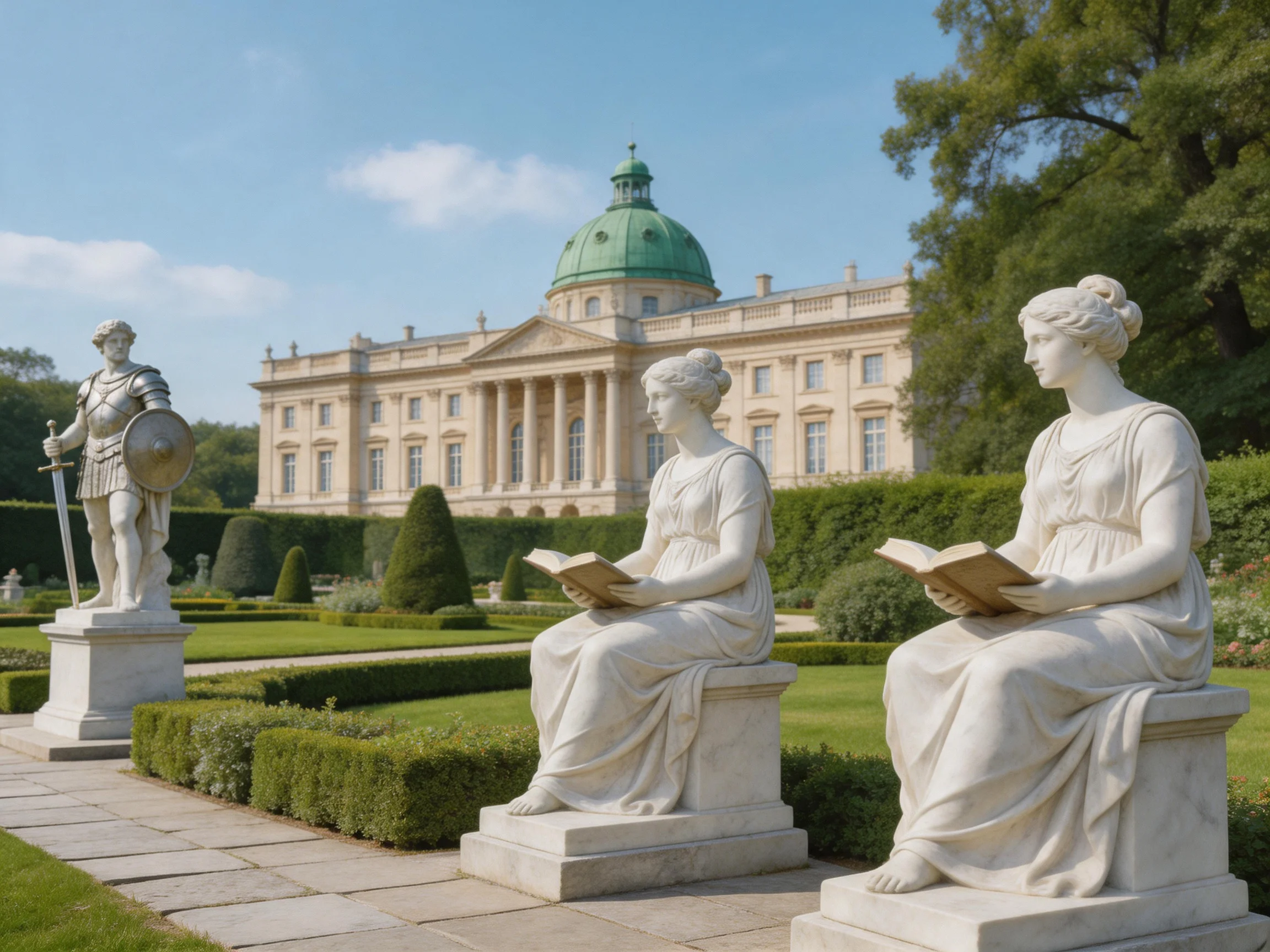 Three marble statues beside a grand green-domed palace in formal gardens