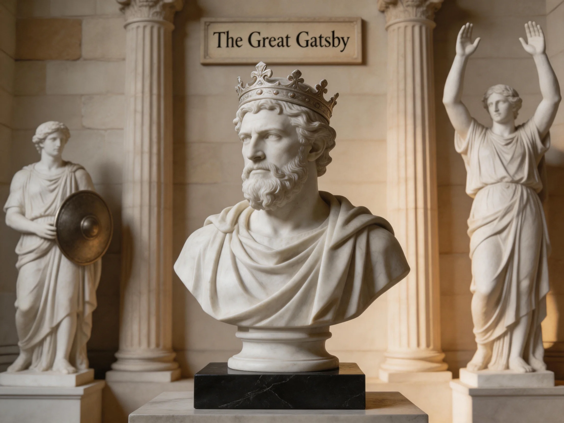 Three marble statues including a crowned bust near The Great Gatsby sign